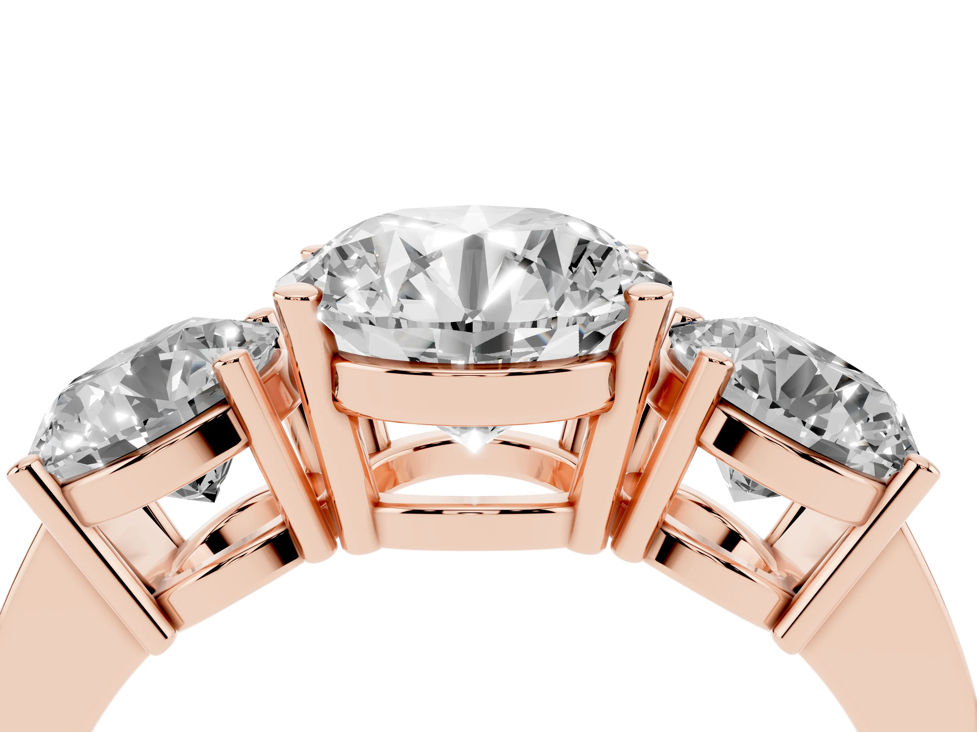 Round Cut Diamond Three-Stone Engagement Ring Set in Rose gold with Flat Band