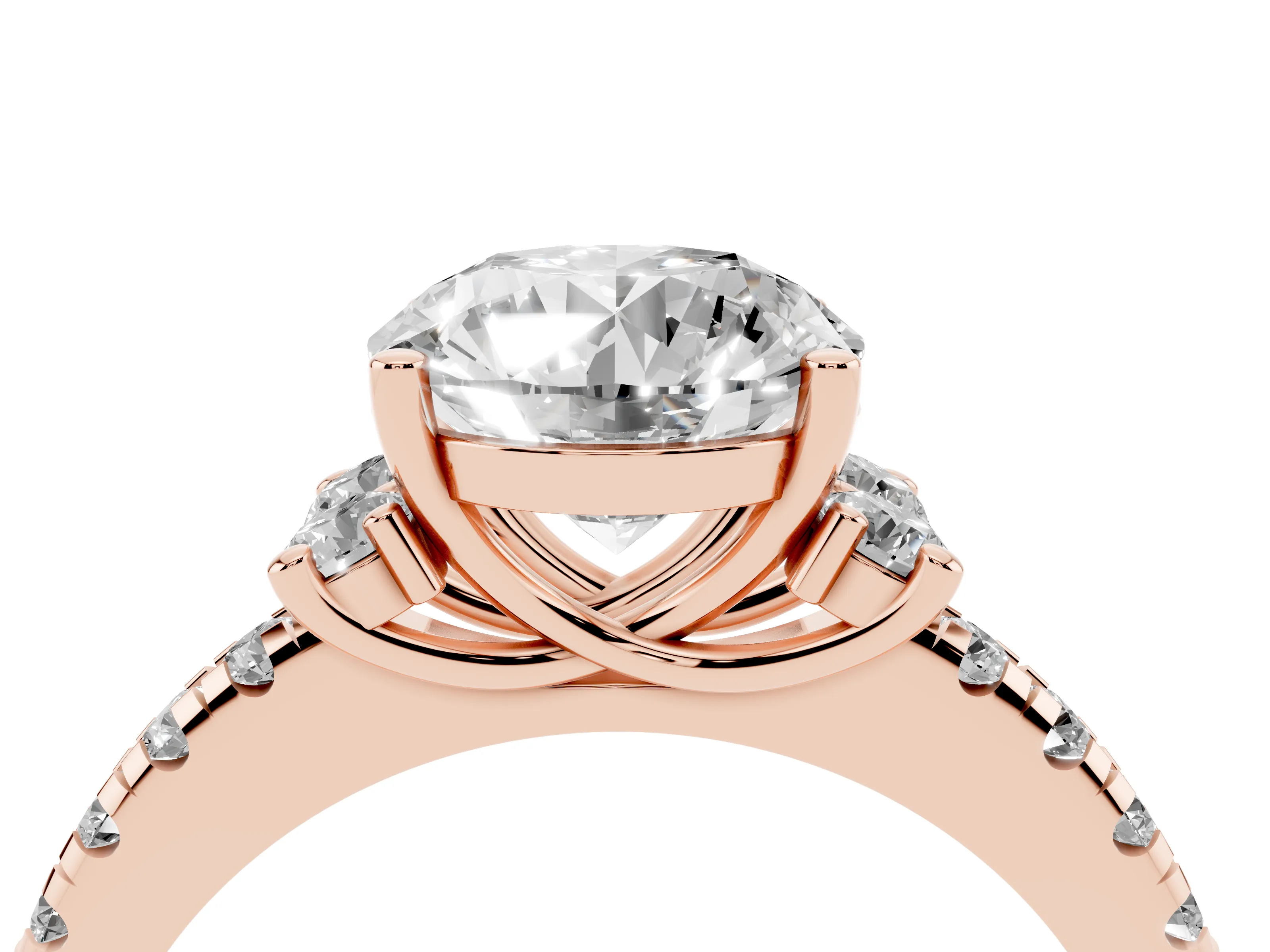 Round Cut Diamond Three-Stone Pavé Ring Set in Rose gold with Prong Setting