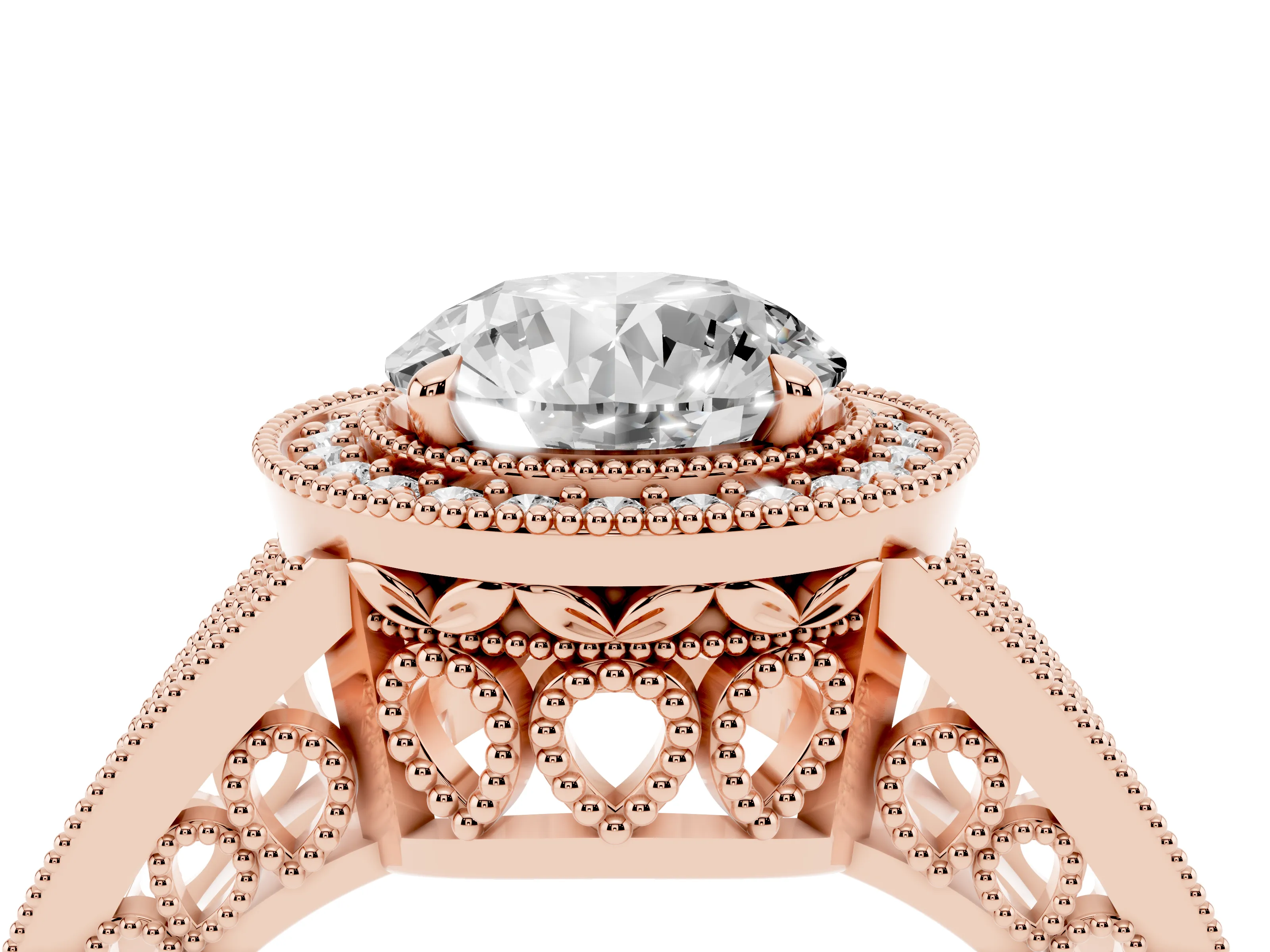 Round Cut Diamond Halo Ring Set in Rose gold with Stone-Set Split Shank and Milgrain Edges