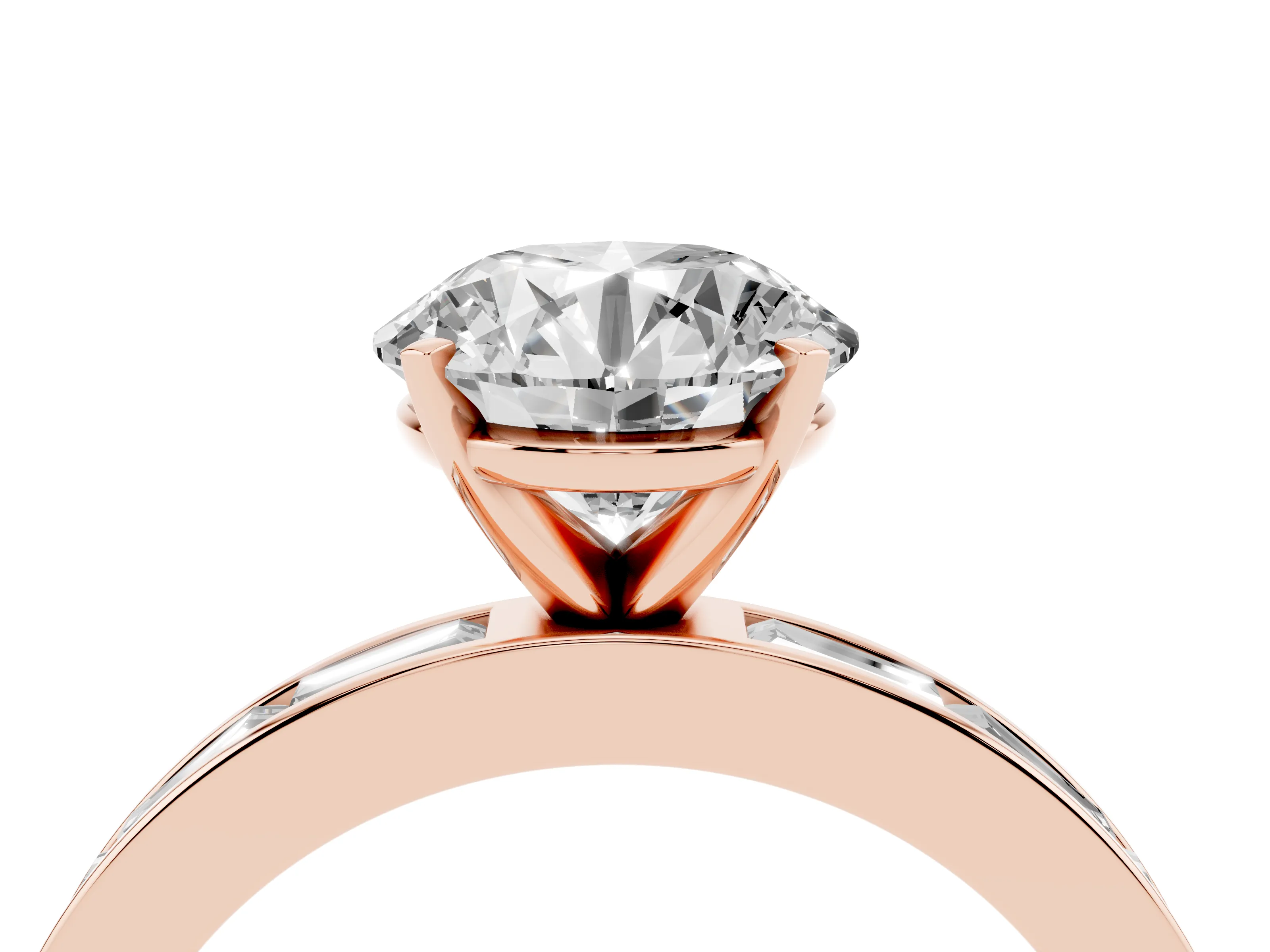 Round Cut Diamond Solitaire Ring Set in Rose gold with Channel-Set Baguette Band and Prong Setting