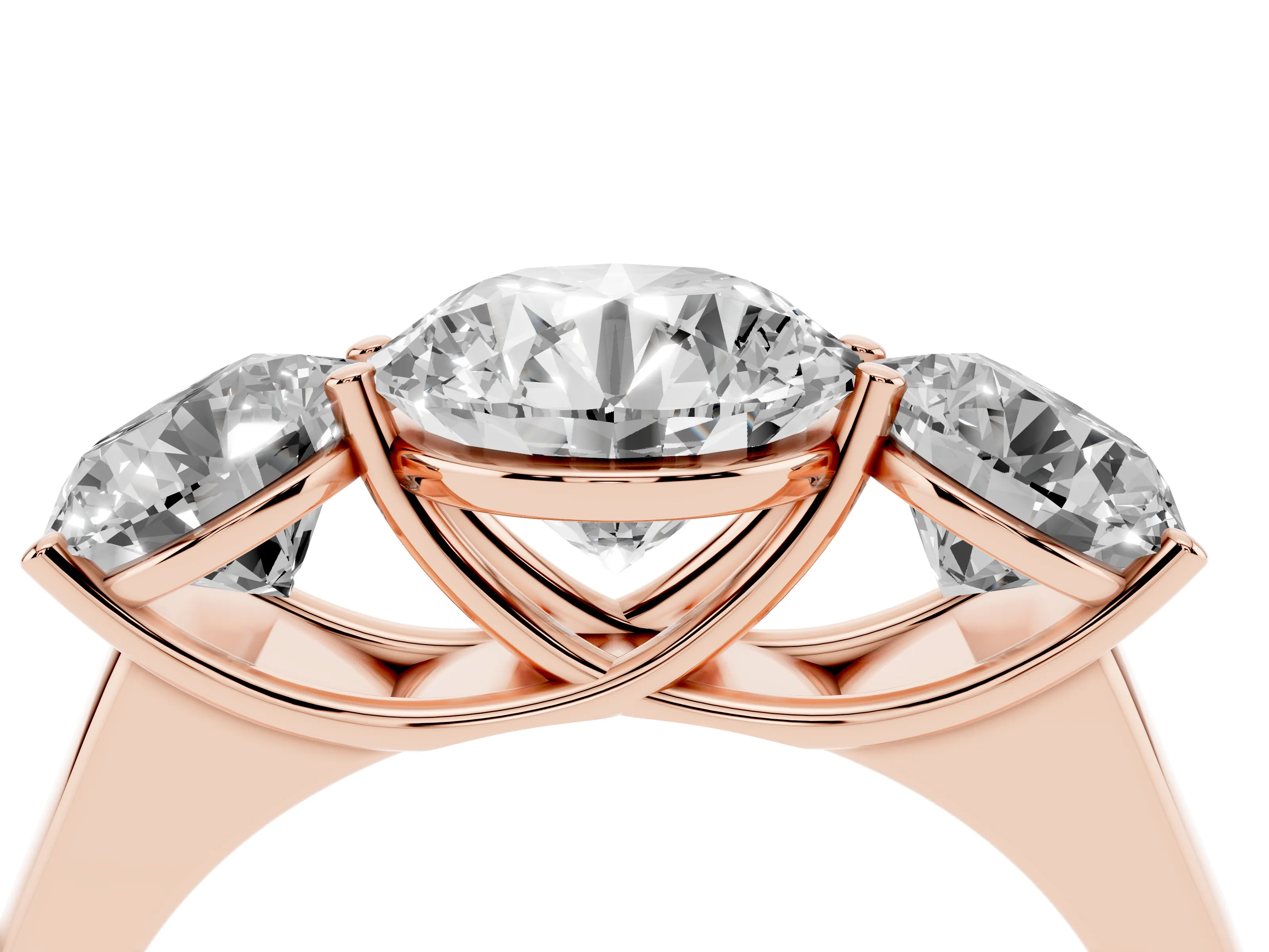 Round Cut Diamond Three-Stone Ring Set in Rose gold with Plain Polished Band