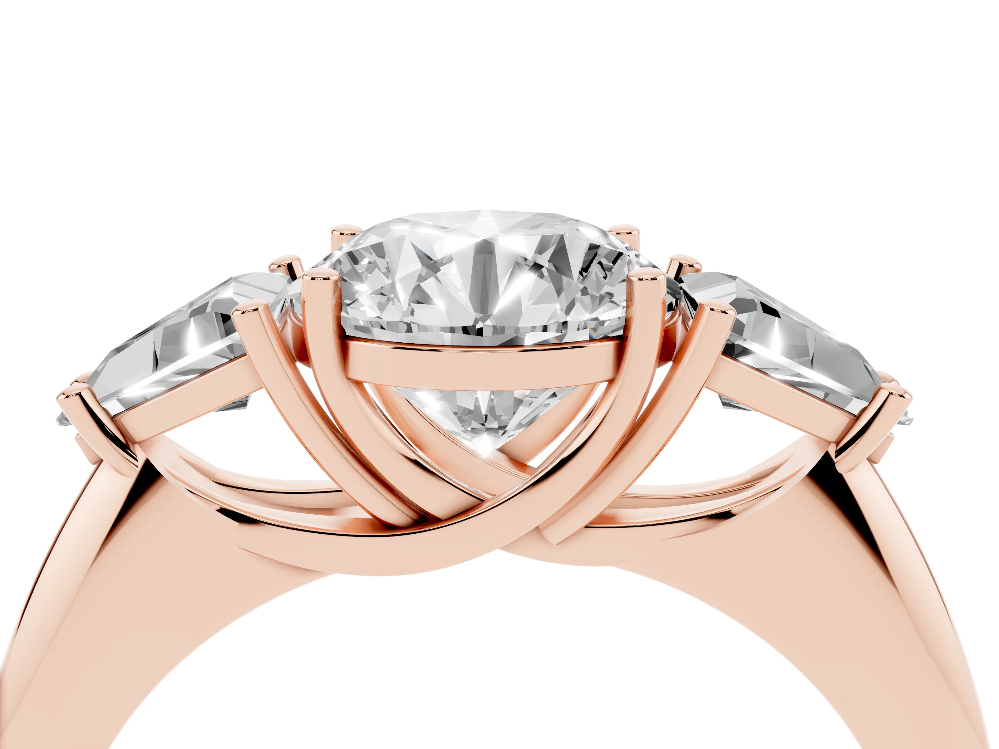 Round Cut Diamond Three-Stone Engagement Ring Set in Rose gold with Trillion Side Stones
