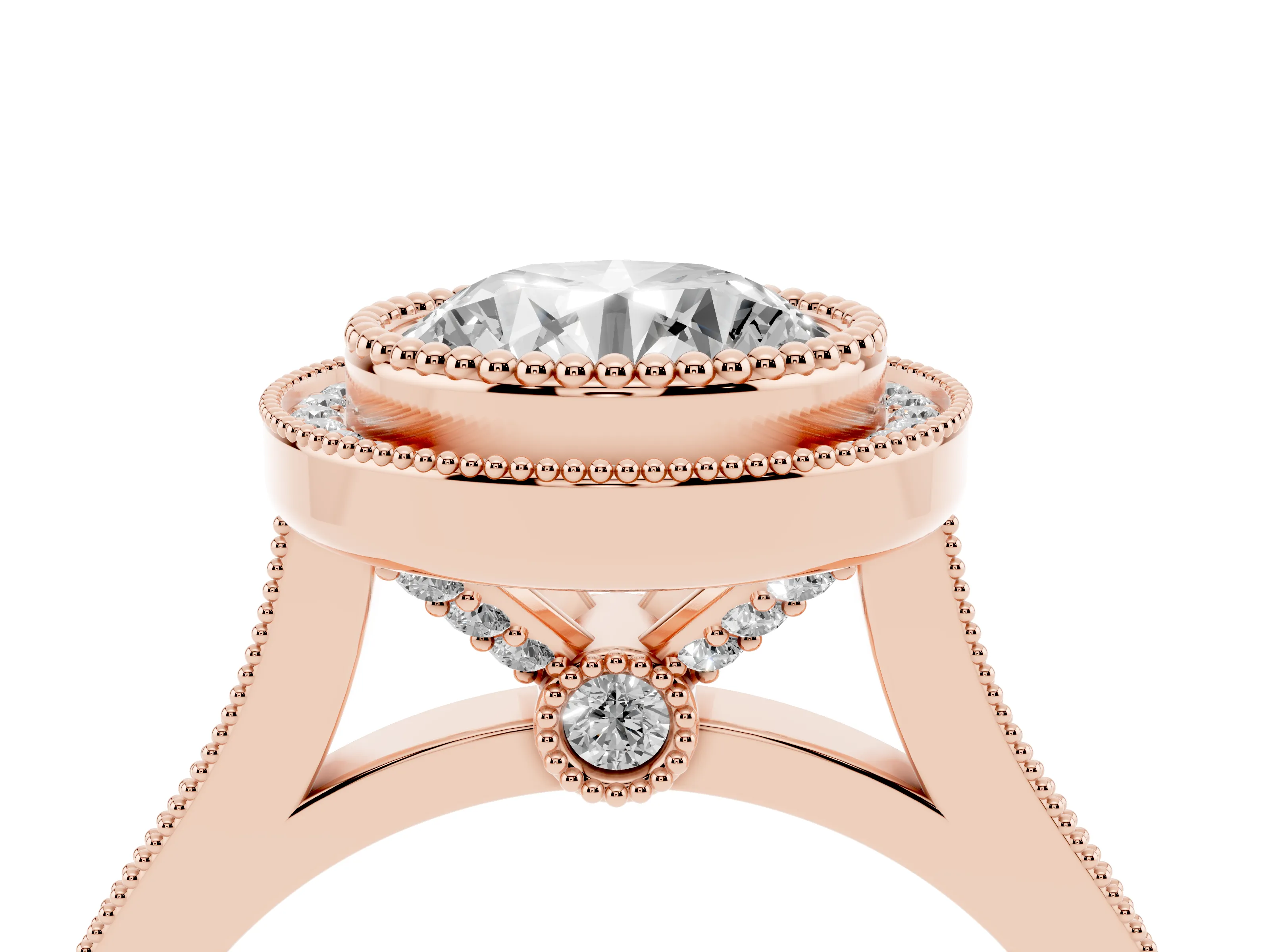 Round Cut Diamond Halo Ring Set in Rose gold with Milgrain Frame and Pavé Band