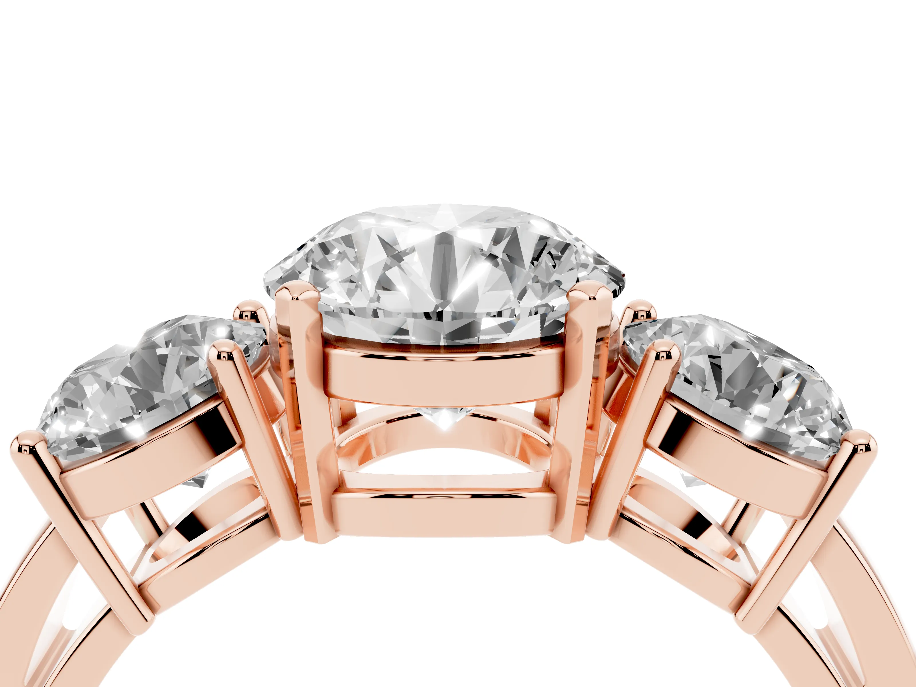 Round Cut Diamond Three-Stone Ring Set in Rose gold with Round Side Stones and Classic Band