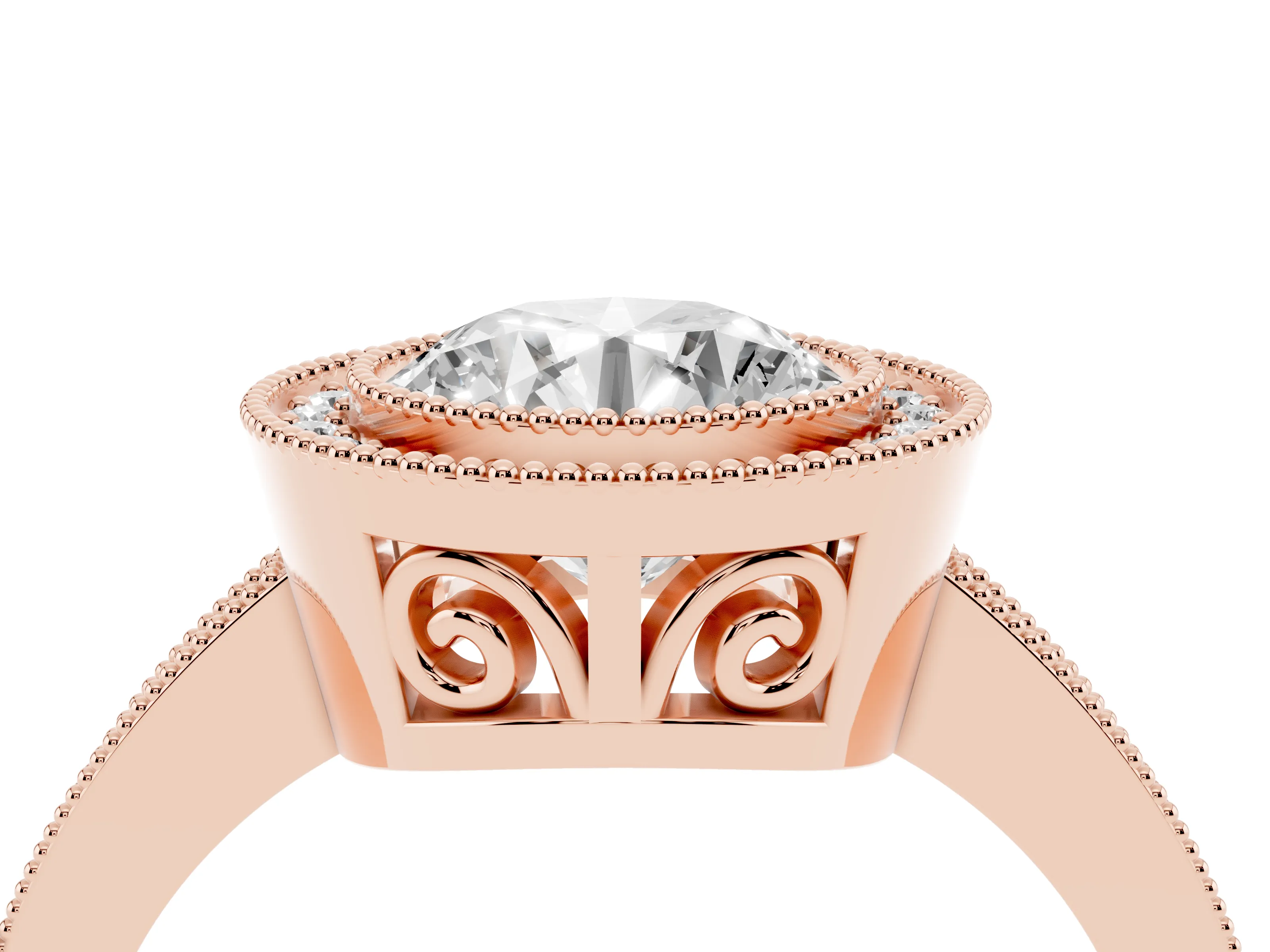 Round Cut Diamond Round Halo Ring Set in Rose gold with Pavé Band