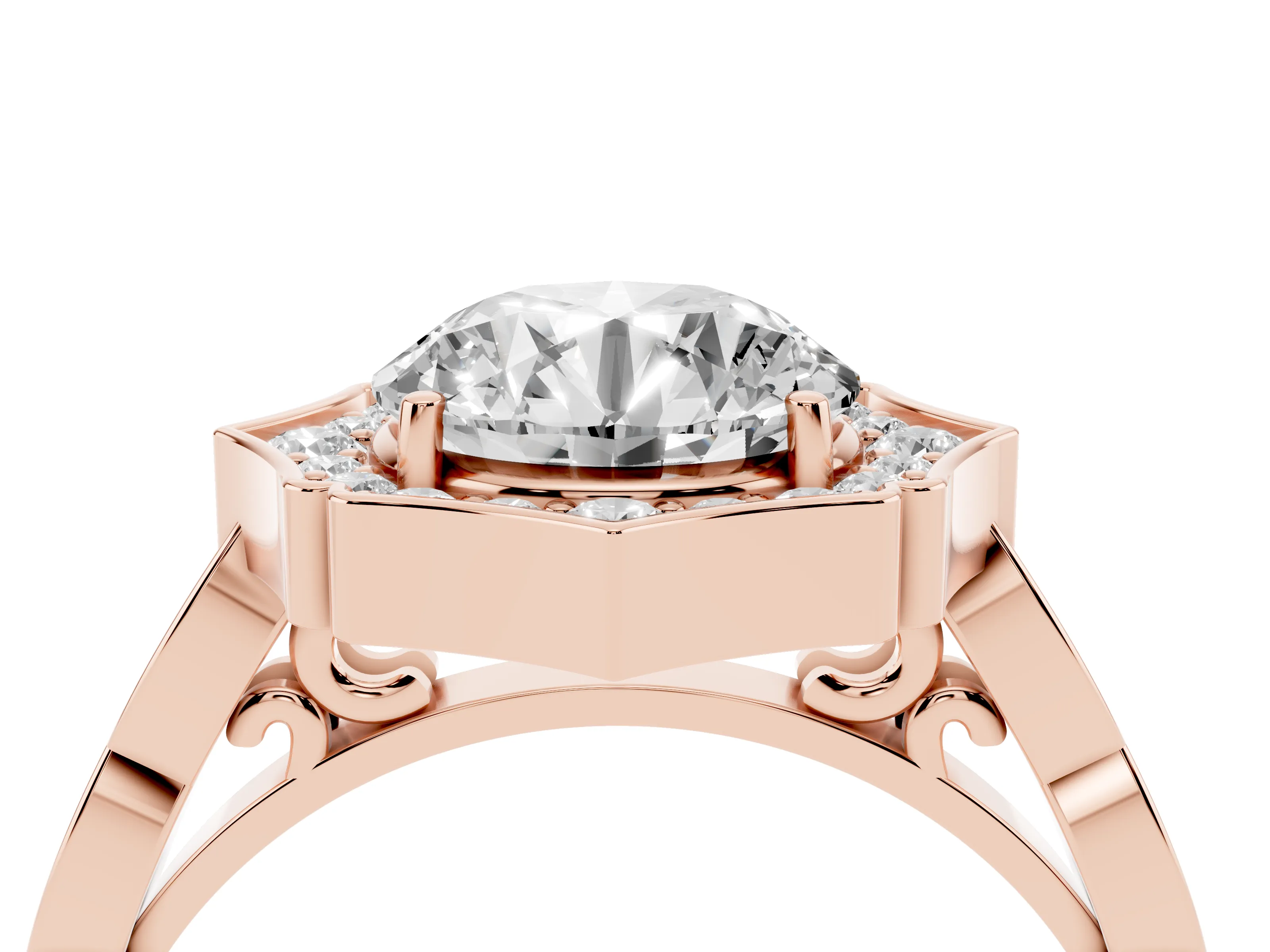 Round Cut Diamond Halo Engagement Ring Set in Rose gold with Milgrain Band and Prong Setting