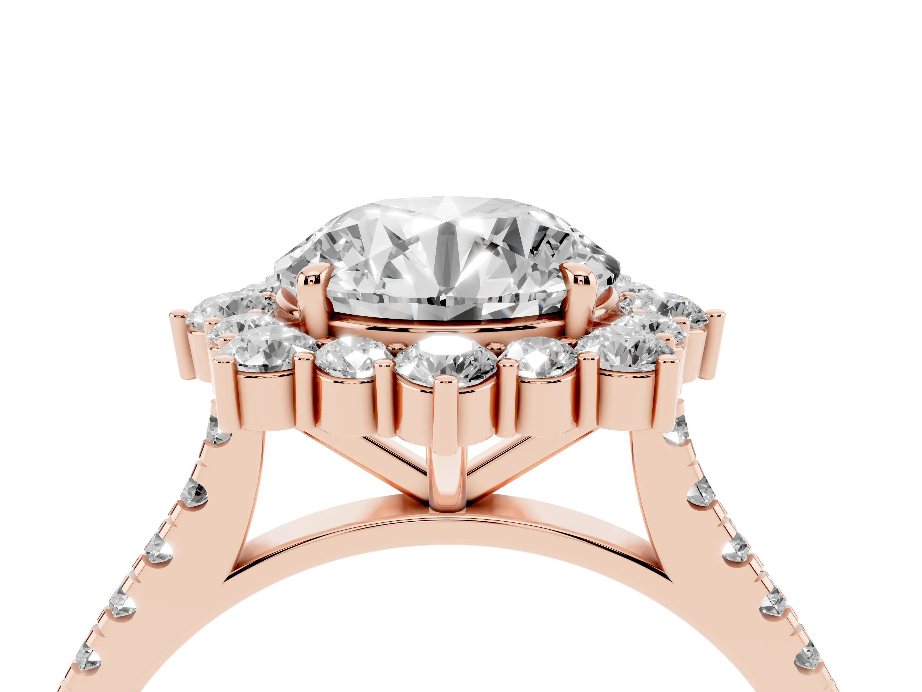 Round Cut Diamond Halo Ring Set in Rose gold with Pavé Band and Prong Setting