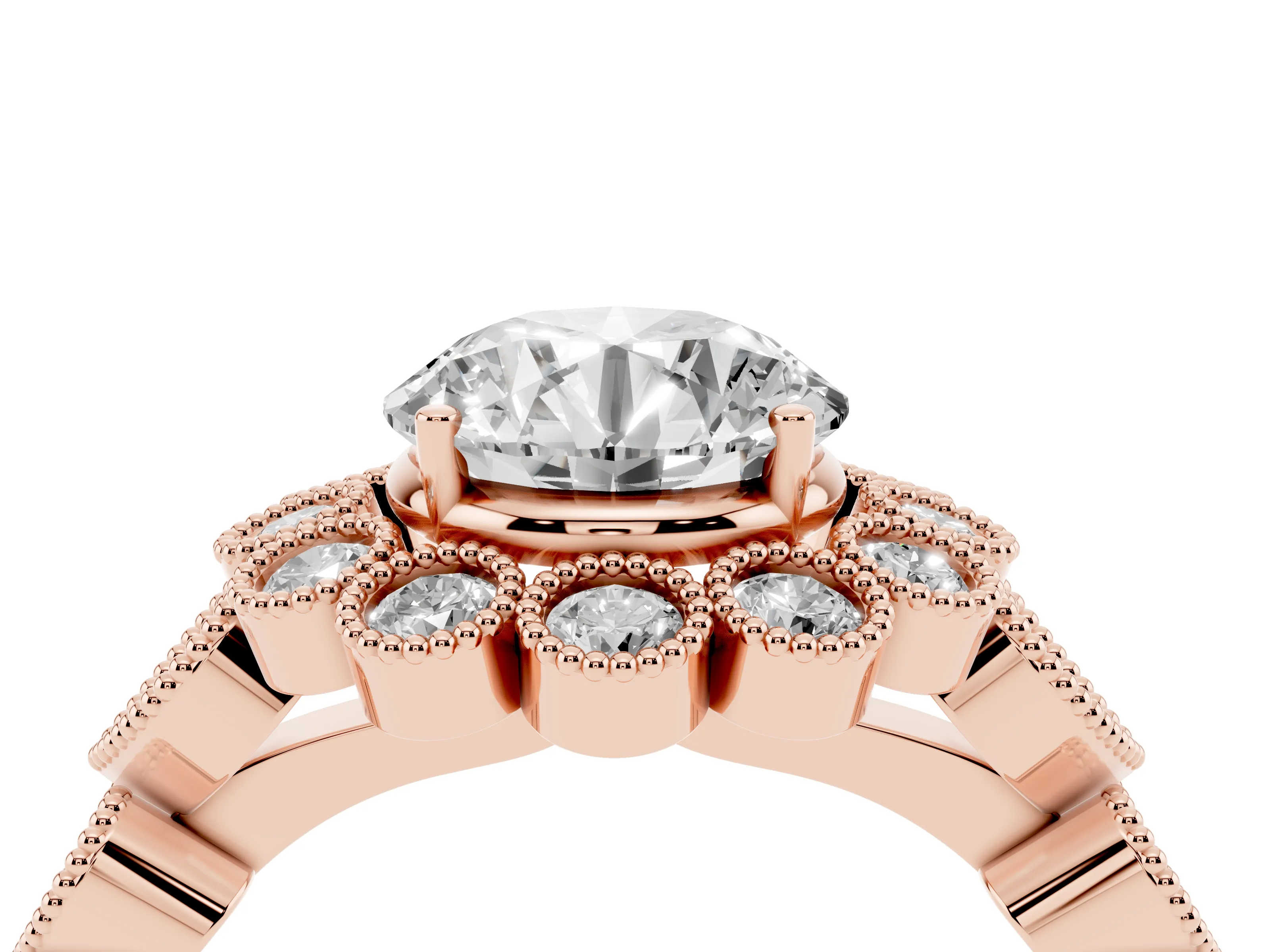 Round Cut Diamond Solitaire Ring Set in Rose gold with Milgrain Pavé Heart Band