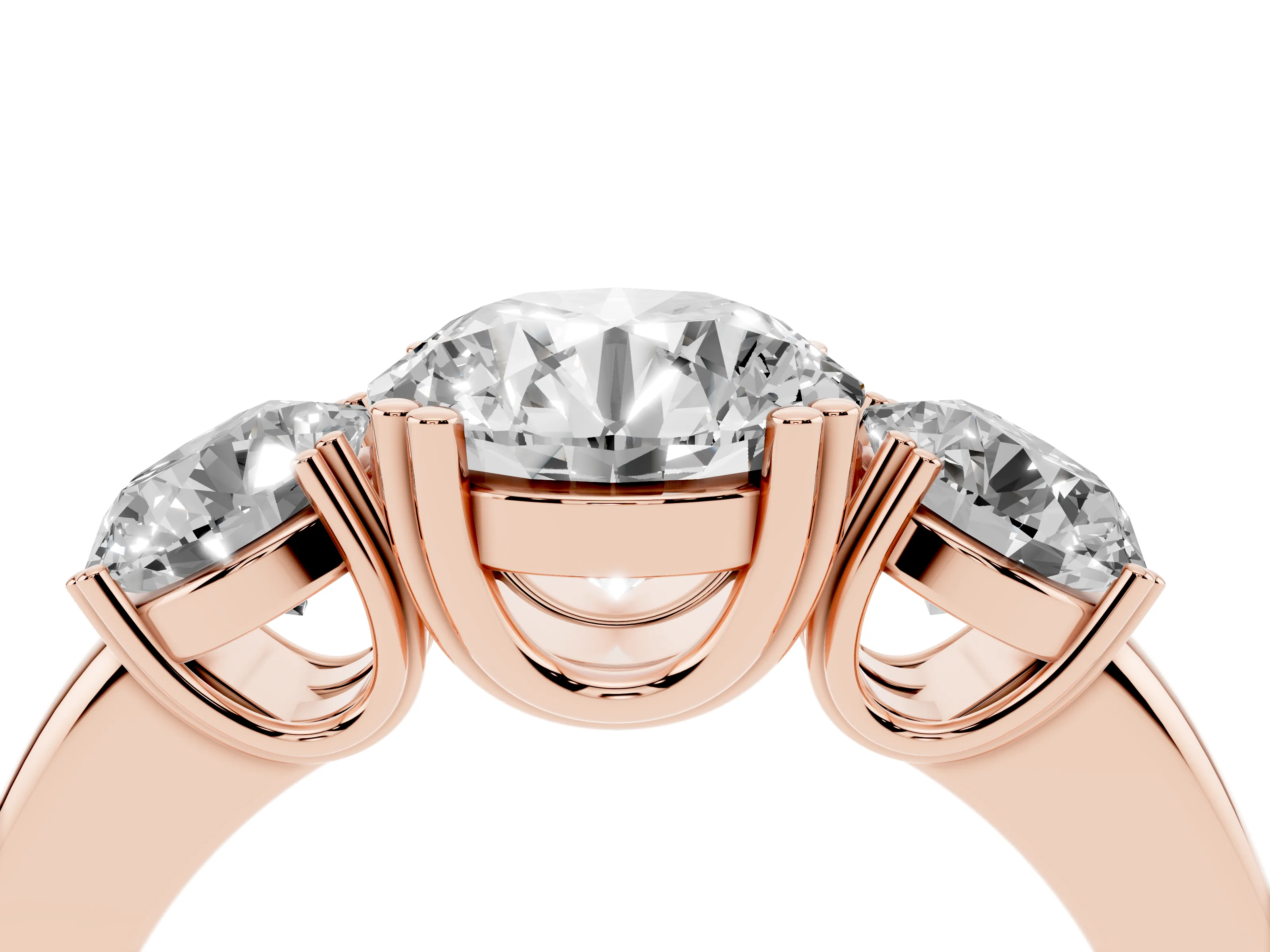 Round Cut Diamond Three-Stone Ring Set in Rose gold with Polished Channel-Set Band