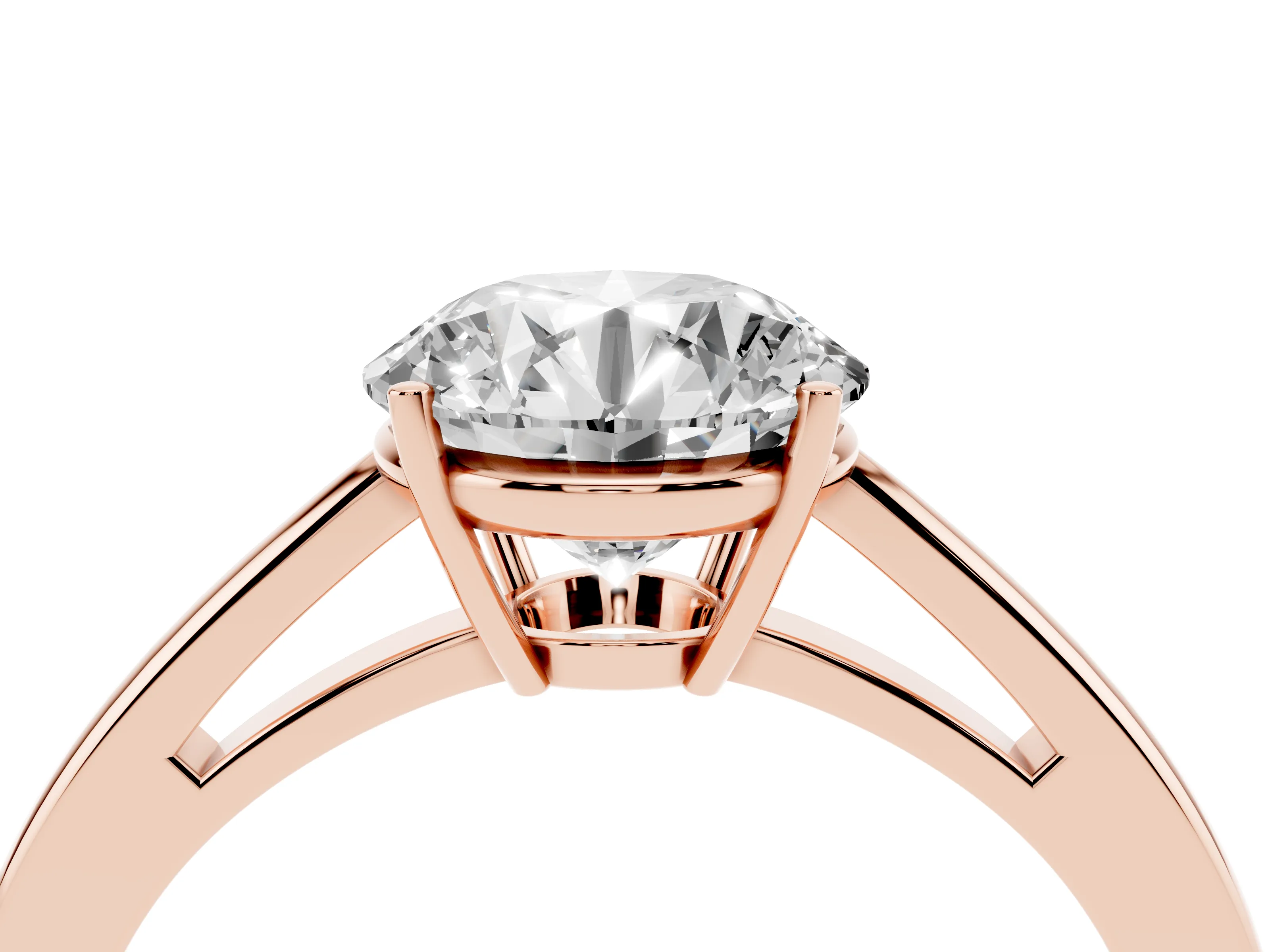 Round Cut Diamond Solitaire Ring Set in Rose gold with Split Shank and Prong Setting