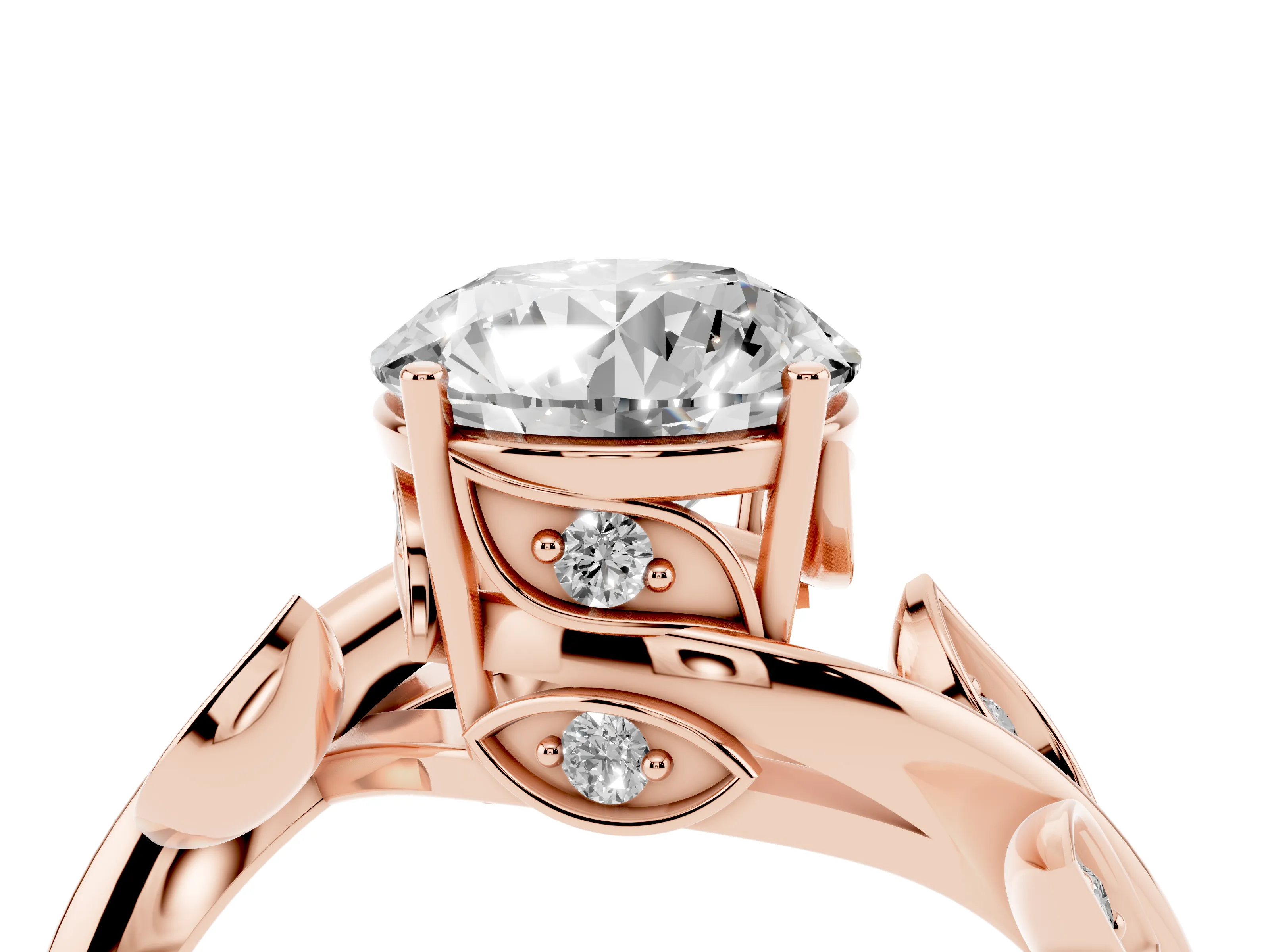 Round Cut Diamond Solitaire Twist Engagement Ring Set in Rose gold with Pavé Leaf Accents