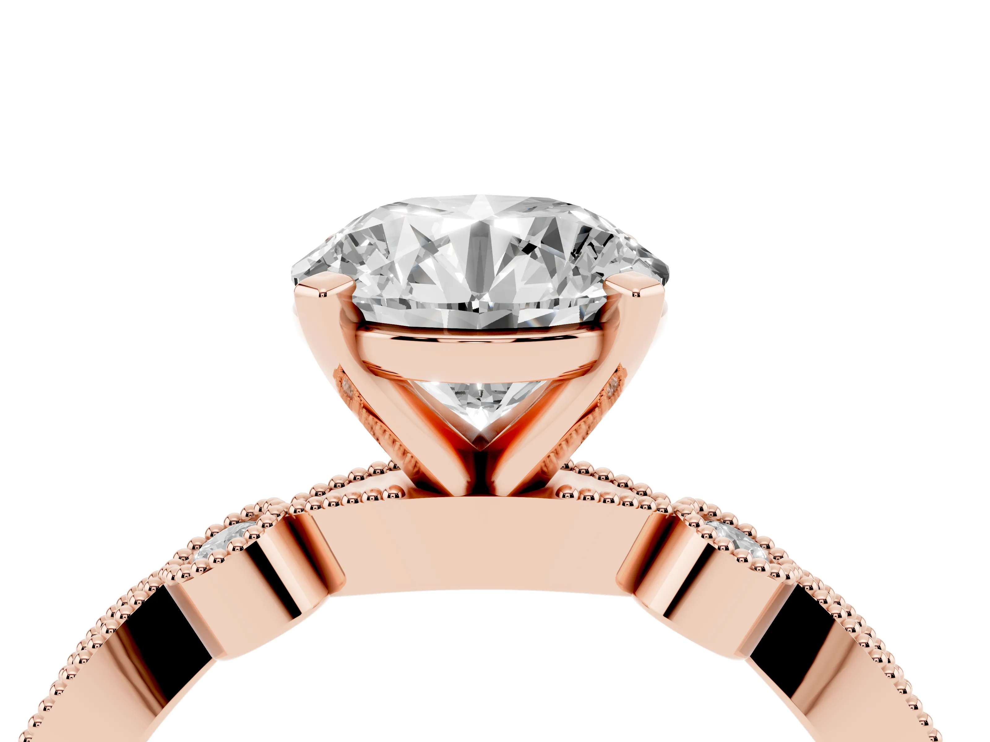 Round Cut Diamond Solitaire Engagement Ring Set in Rose gold with Milgrain Bezel Accent Band