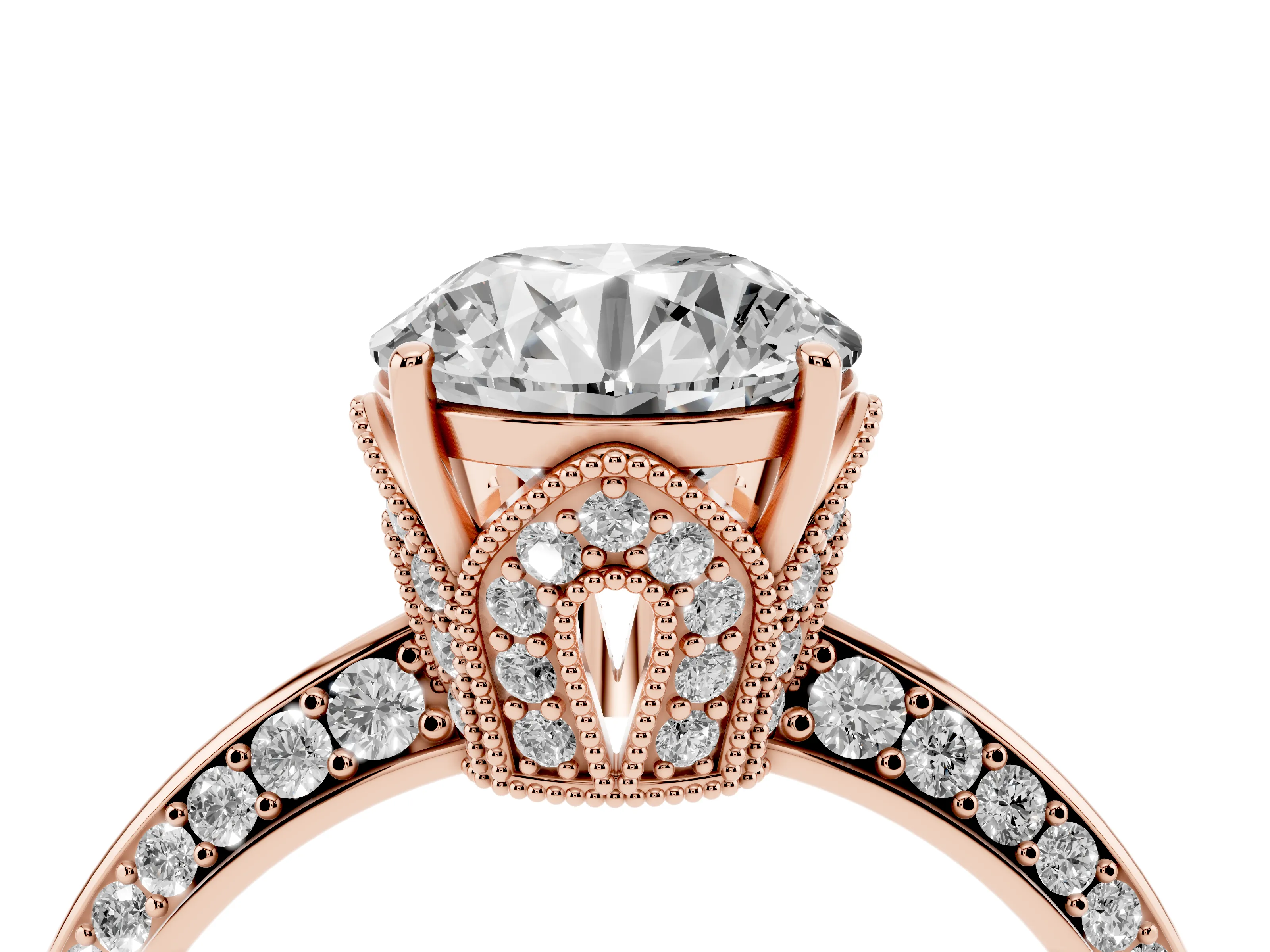 Round Cut Diamond Solitaire Engagement Ring Set in Rose gold with Pavé Split Shank and Prong Setting