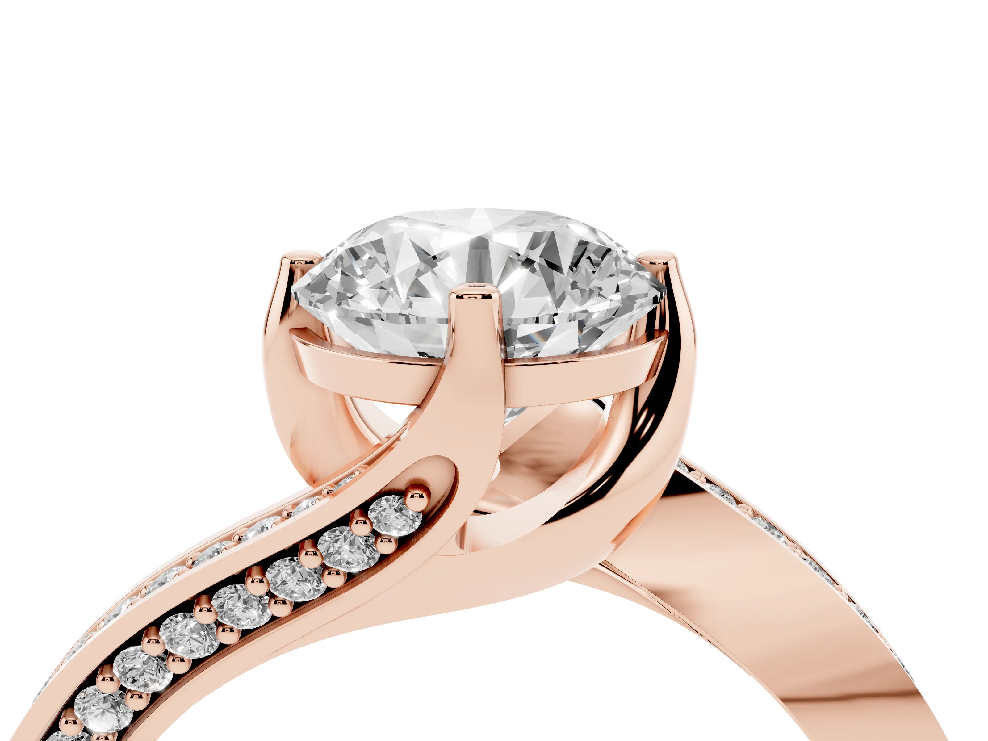 Round Cut Diamond Solitaire Ring Set in Rose gold with Intertwined Pavé Twist Band