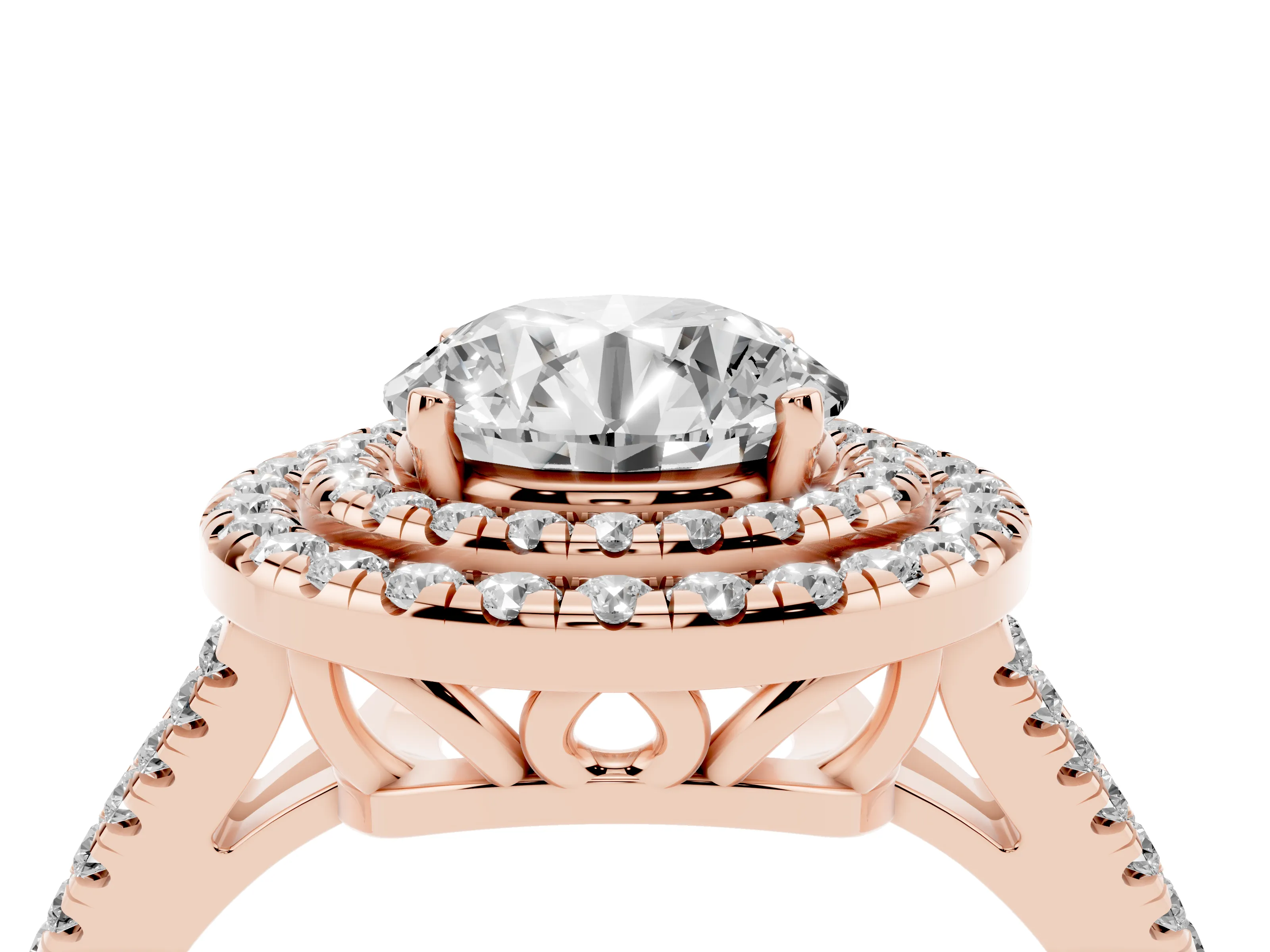Round Cut Diamond Double Halo Ring Set in Rose gold with Pavé Band