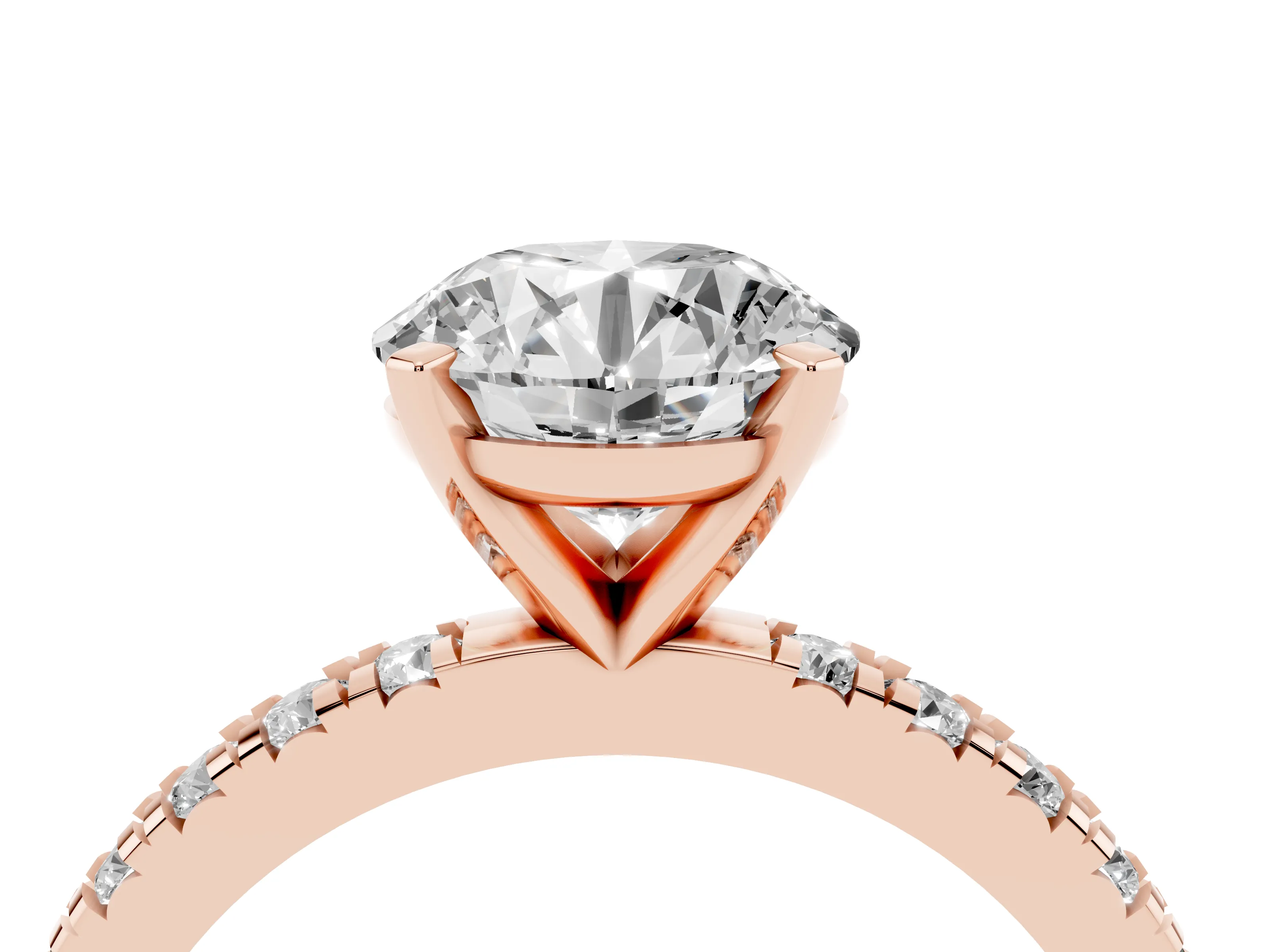 Round Cut Diamond Pavé Band Solitaire Set in Rose gold with Prong Setting