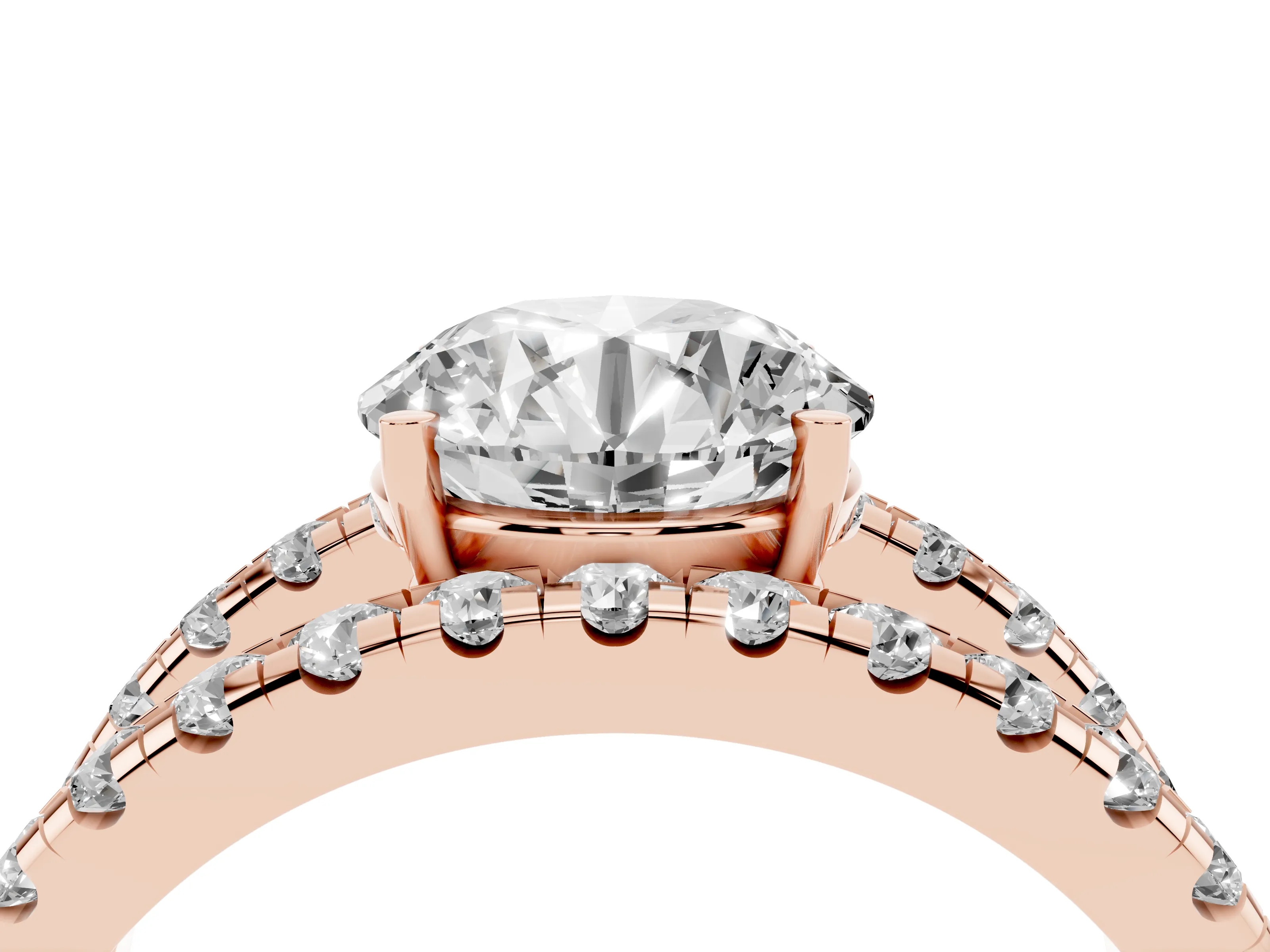 Round Cut Diamond Split Shank Pavé Solitaire Ring Set in Rose gold with Open Shank Design