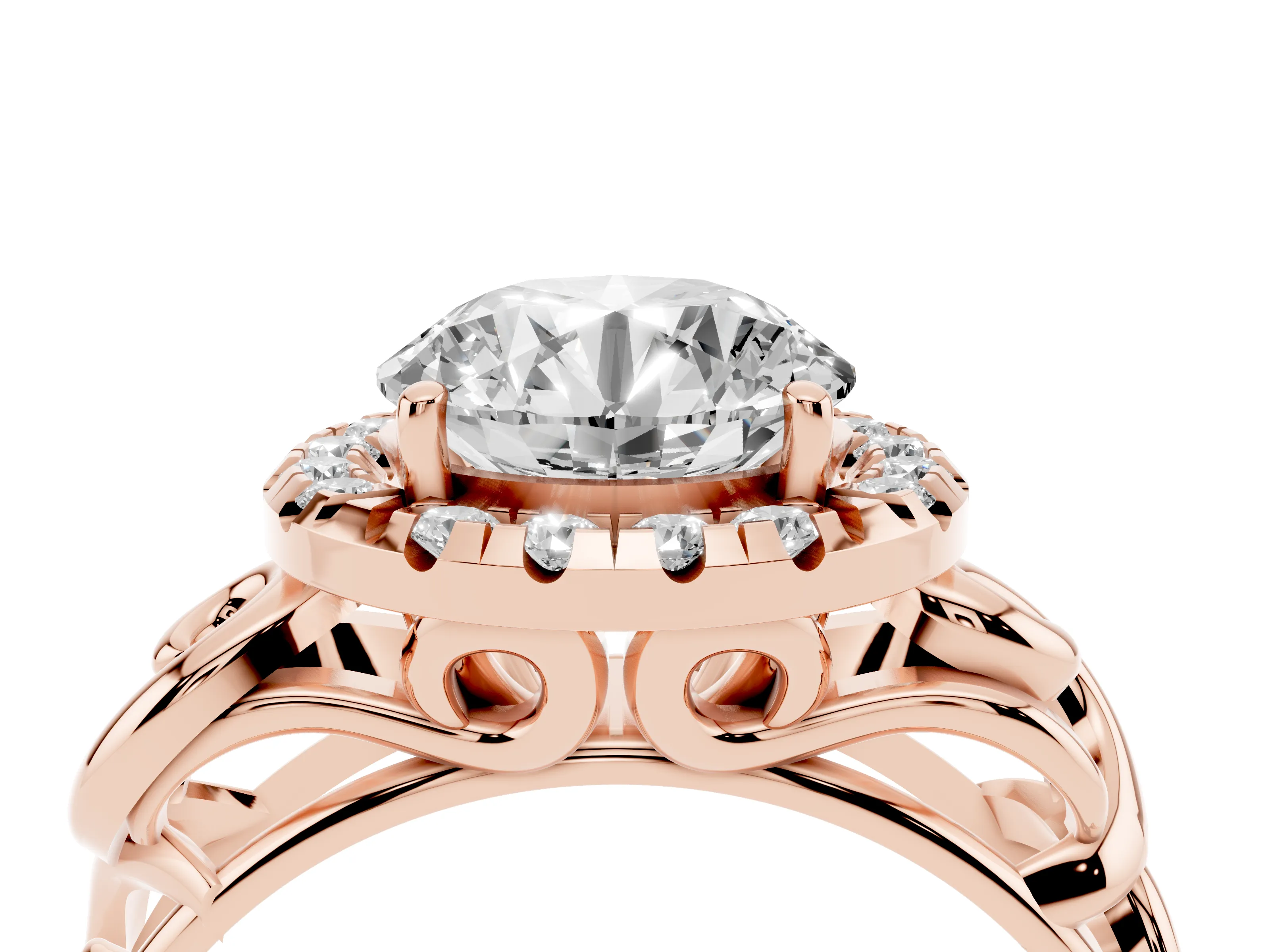 Round Cut Diamond Halo Ring Set in Rose gold with Scrollwork Band and Prong Setting