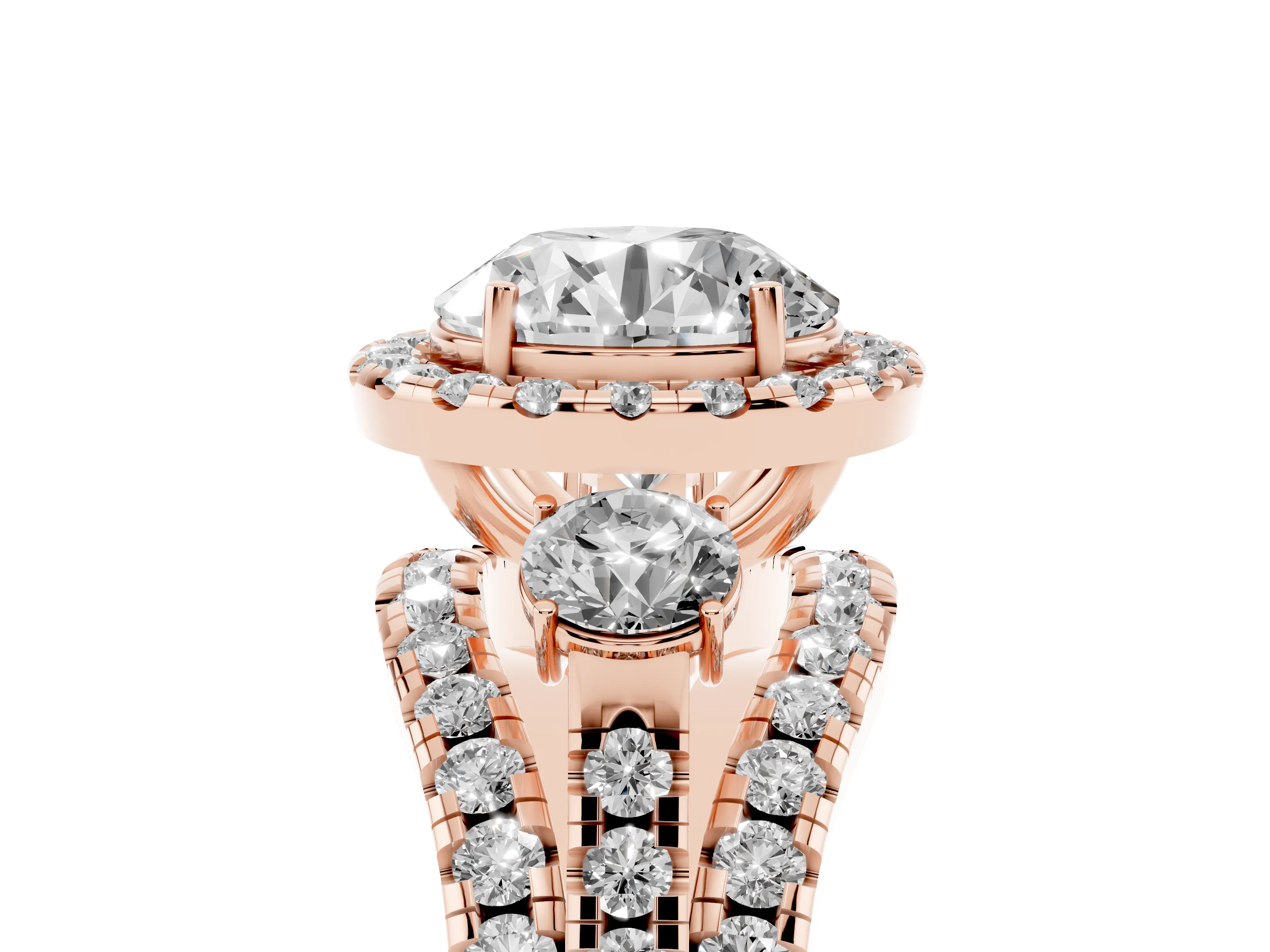 Round Cut Diamond Halo Split Shank Ring Set in Rose gold with Round Accent Stones and Prong Setting