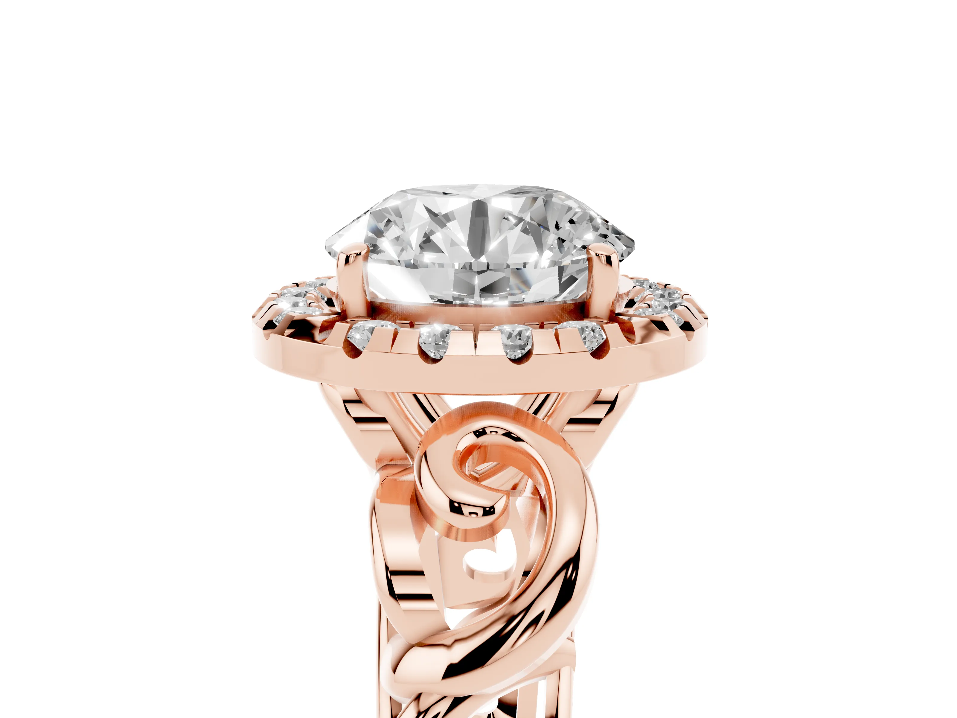 Round Cut Diamond Halo Ring Set in Rose gold with Scrollwork Band and Prong Setting