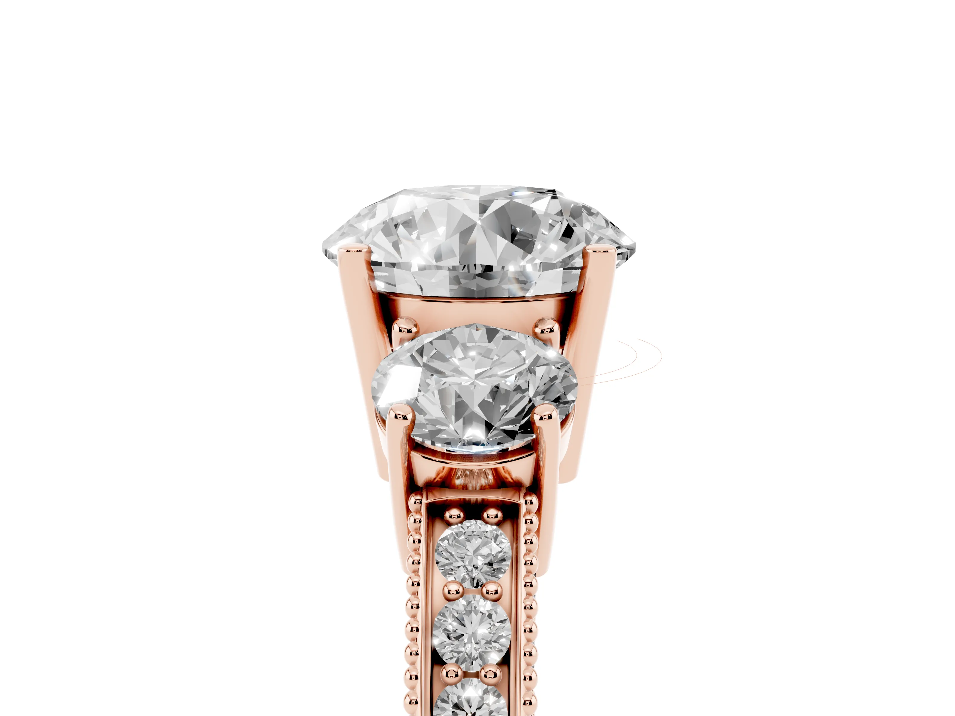 Round Cut Diamond Three-Stone Ring Set in Rose gold with Round Side Stones and Pavé Band