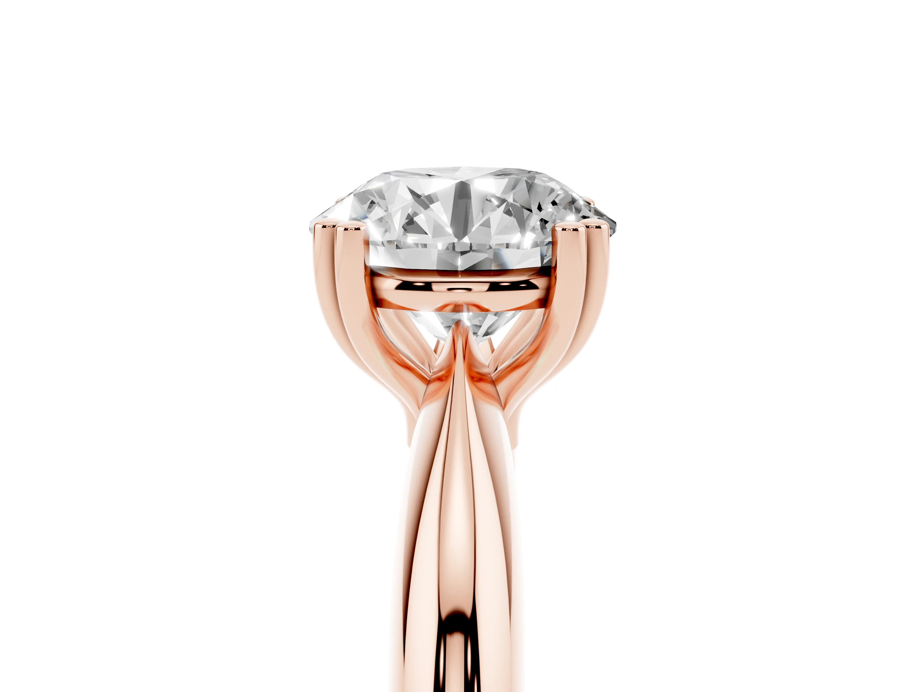 Round Cut Diamond Solitaire Engagement Ring Set in Rose gold with Tapered Band and Prong Setting