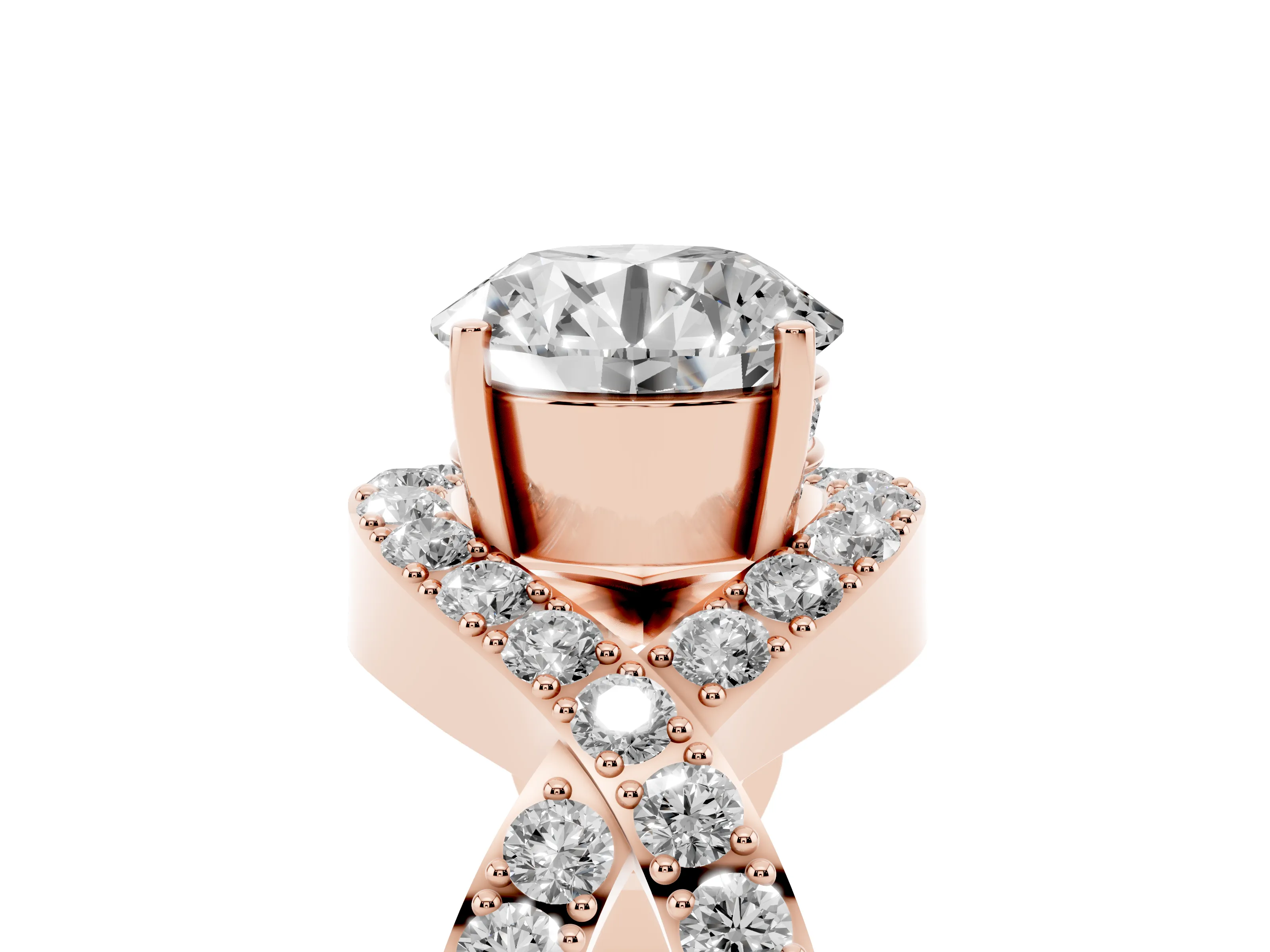 Round Cut Diamond Solitaire Twist Band Pavé Engagement Ring Set in Rose gold