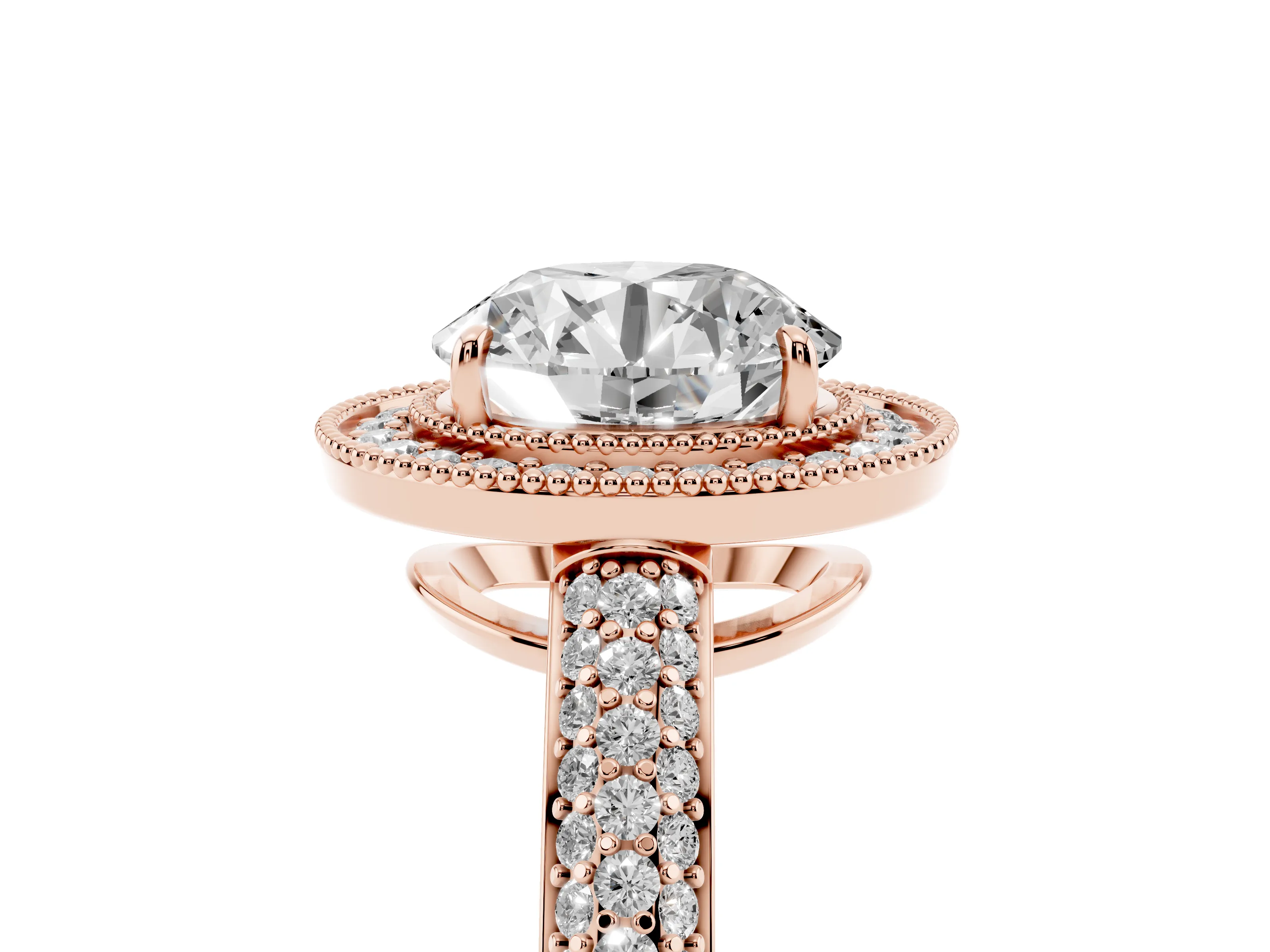 Round Cut Diamond Halo Pavé Band Set in Rose gold with Prong Setting