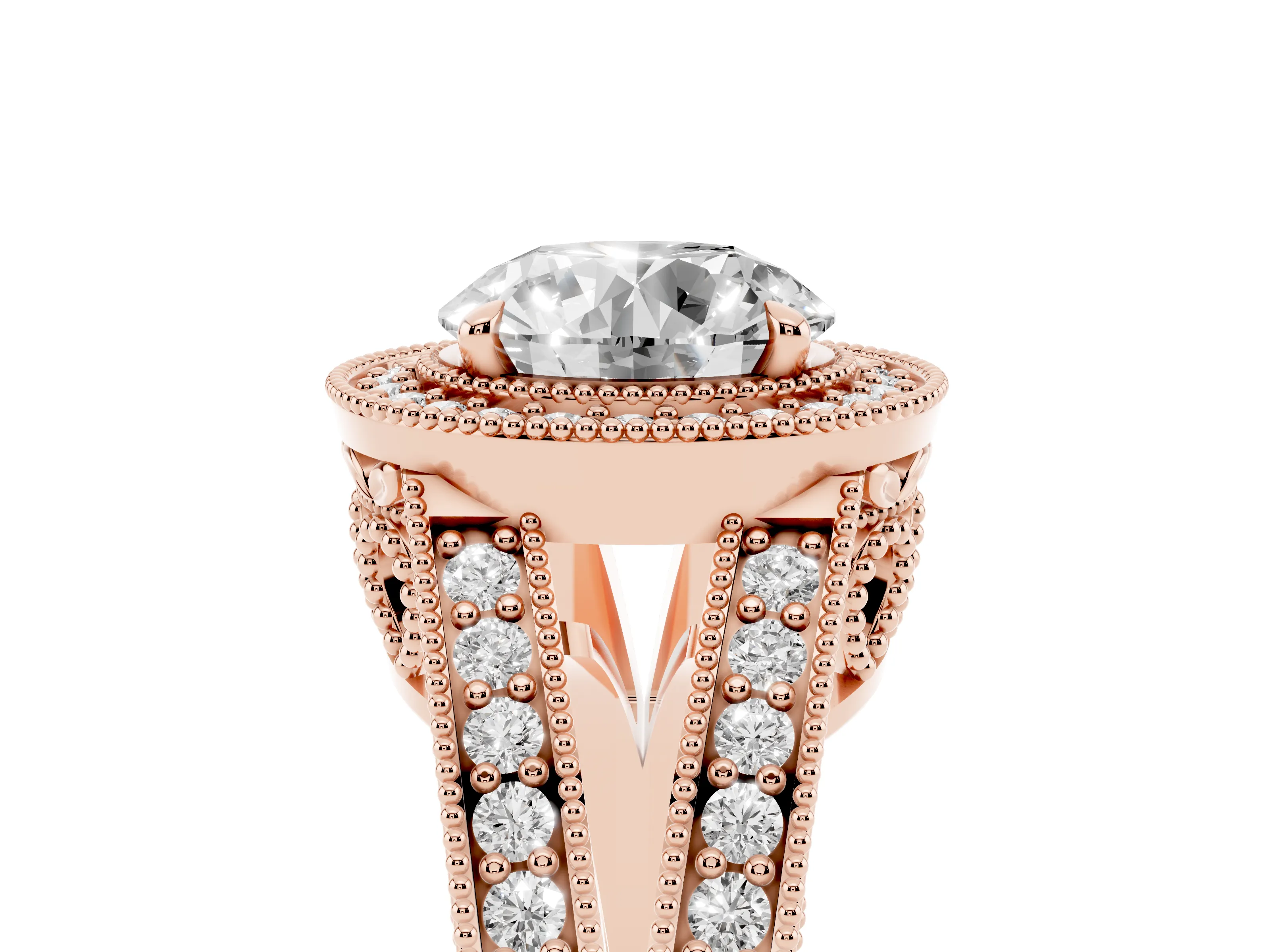 Round Cut Diamond Halo Ring Set in Rose gold with Stone-Set Split Shank and Milgrain Edges