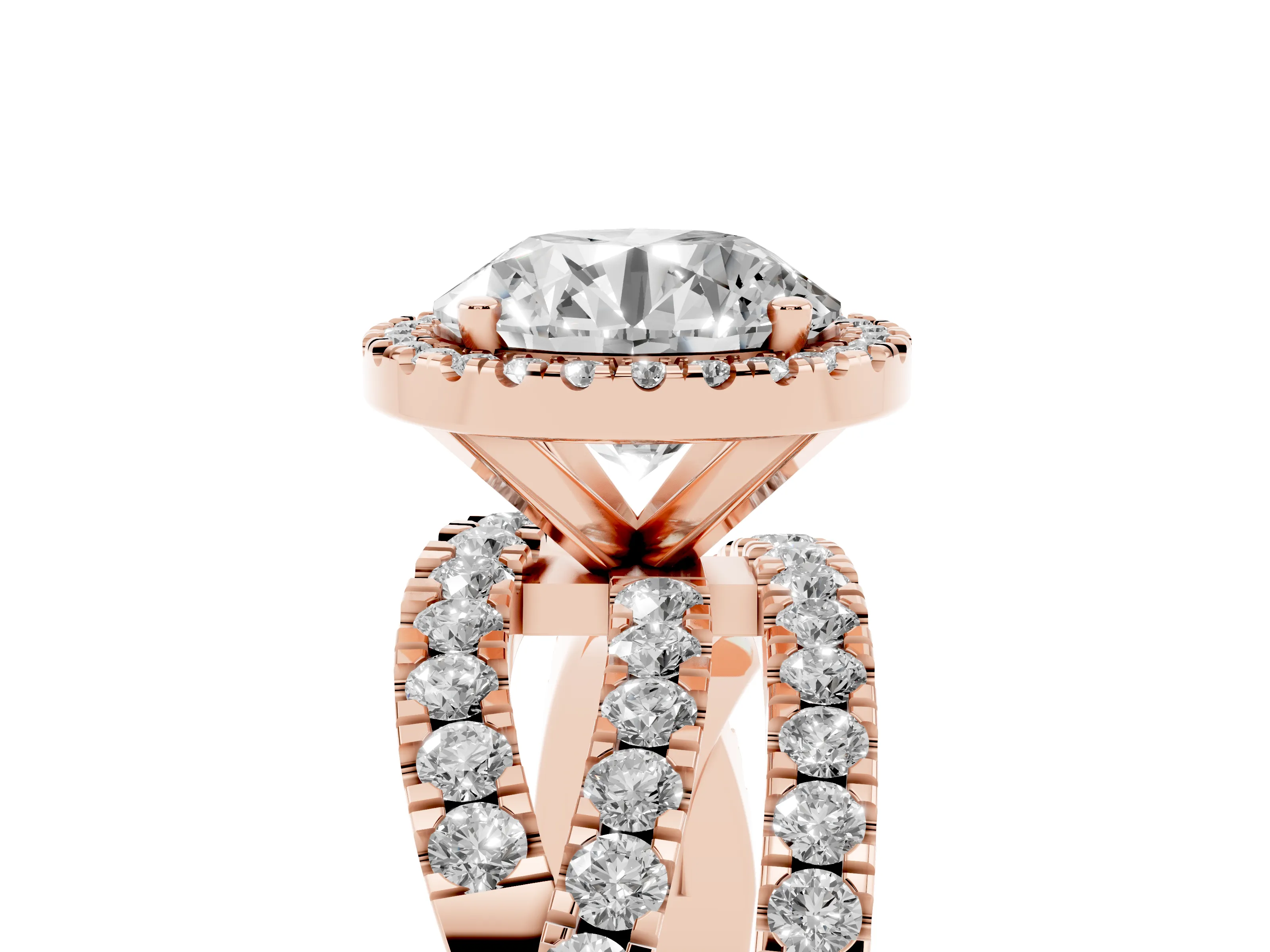 Round Cut Diamond Halo Ring Set in Rose gold with Round Crossover Split Shank and Prong Setting