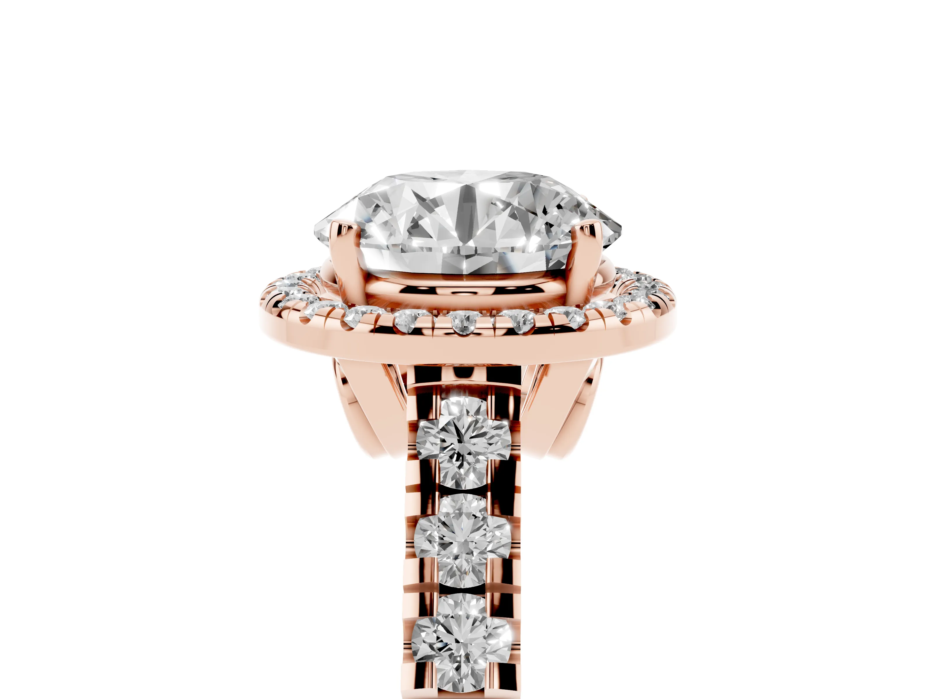 Round Cut Diamond Halo Engagement Ring Set in Rose gold with Pavé Band and Prong-Set Center