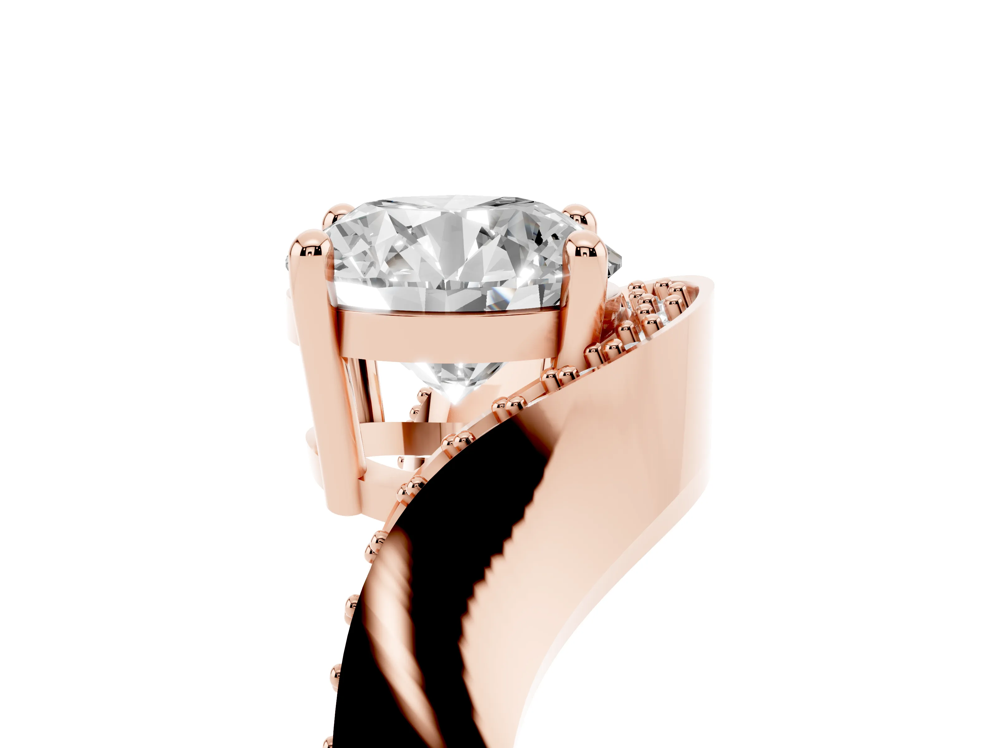 Round Cut Diamond Solitaire Engagement Ring Set in Rose gold with Pavé Shoulders