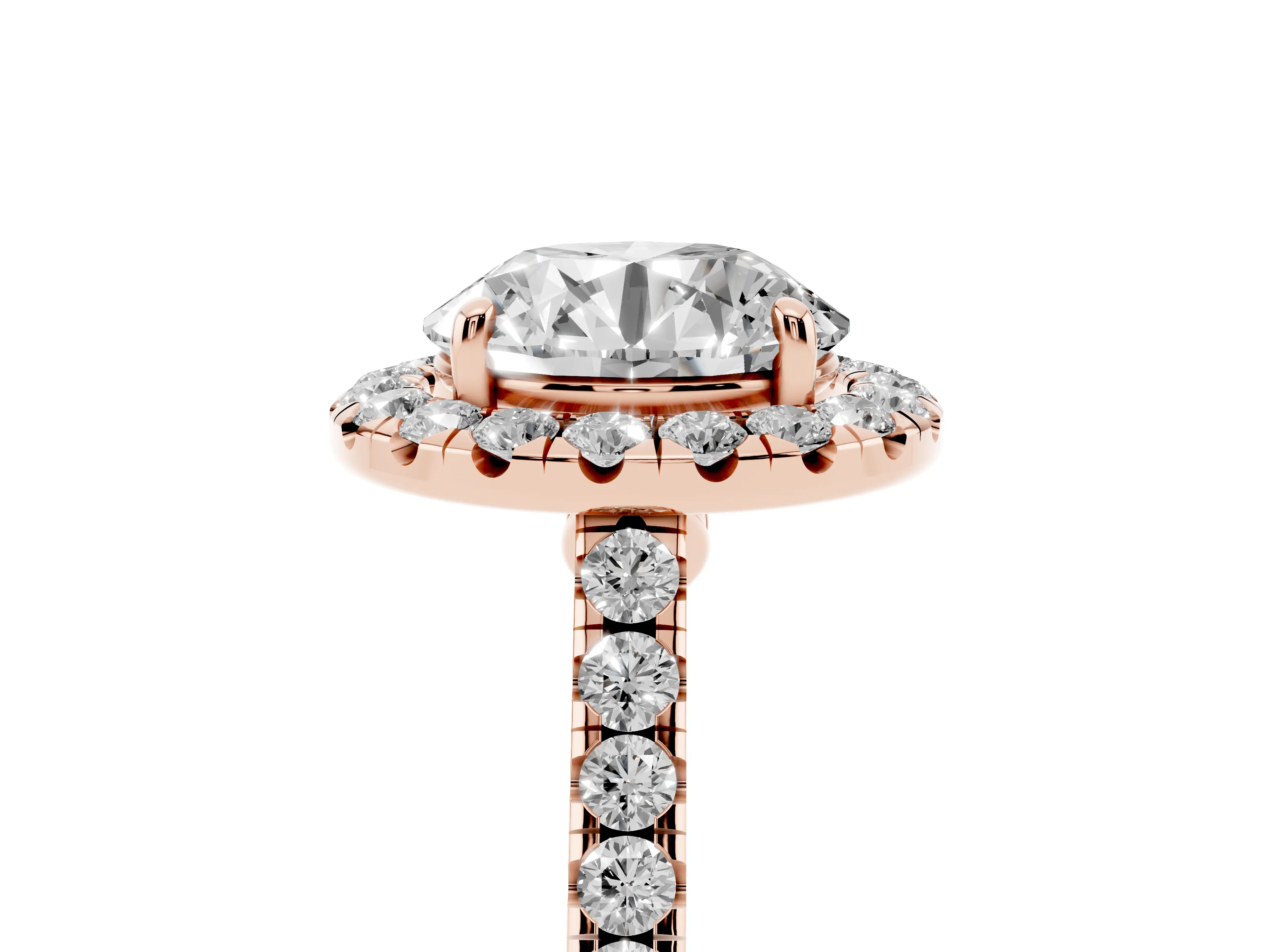 Round Cut Diamond Halo Pavé Engagement Ring Set in Rose gold with Prong Setting