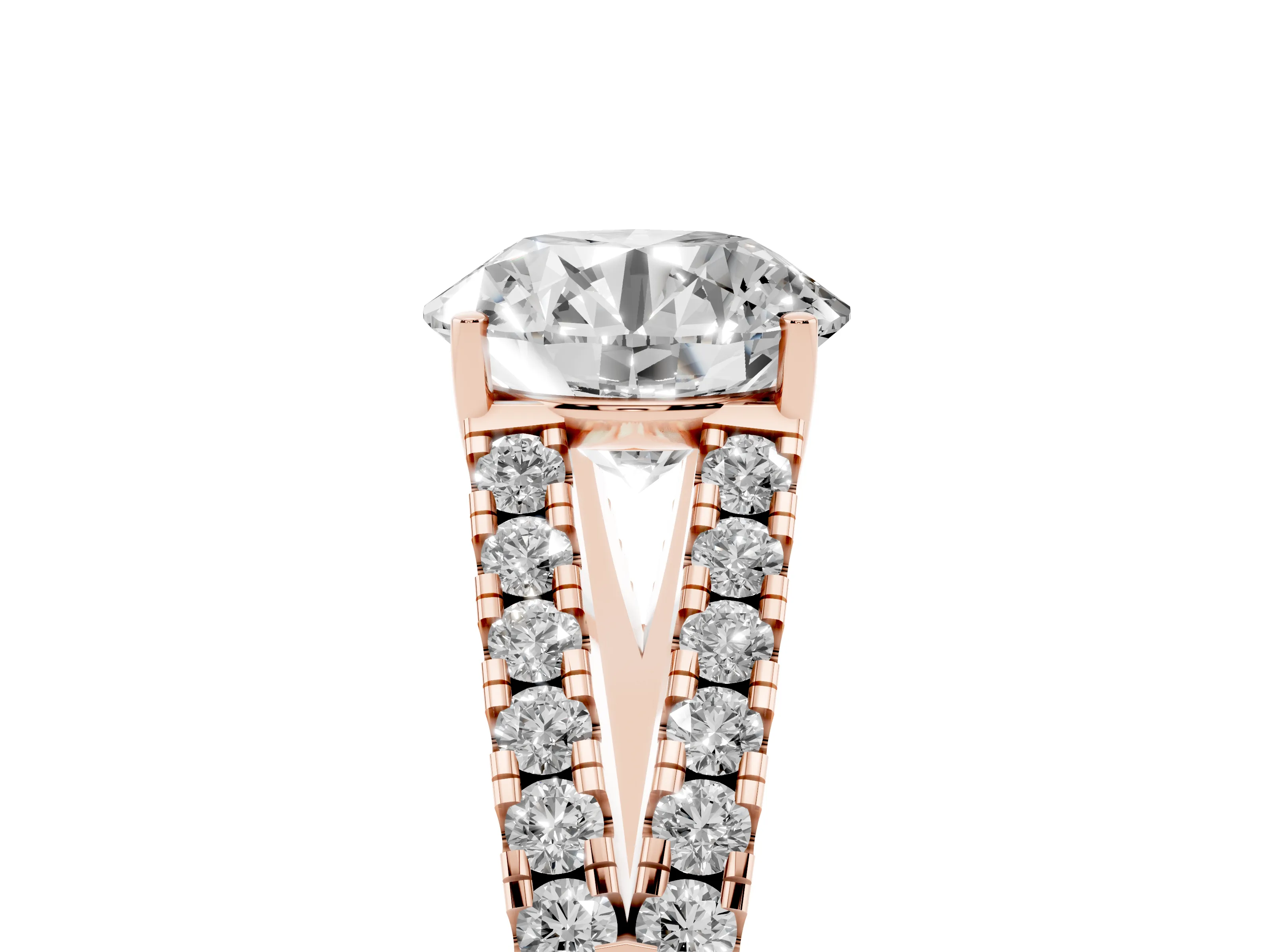 Round Cut Diamond Split Shank Pavé Engagement Ring Set in Rose gold with Prong-Held Center Stone