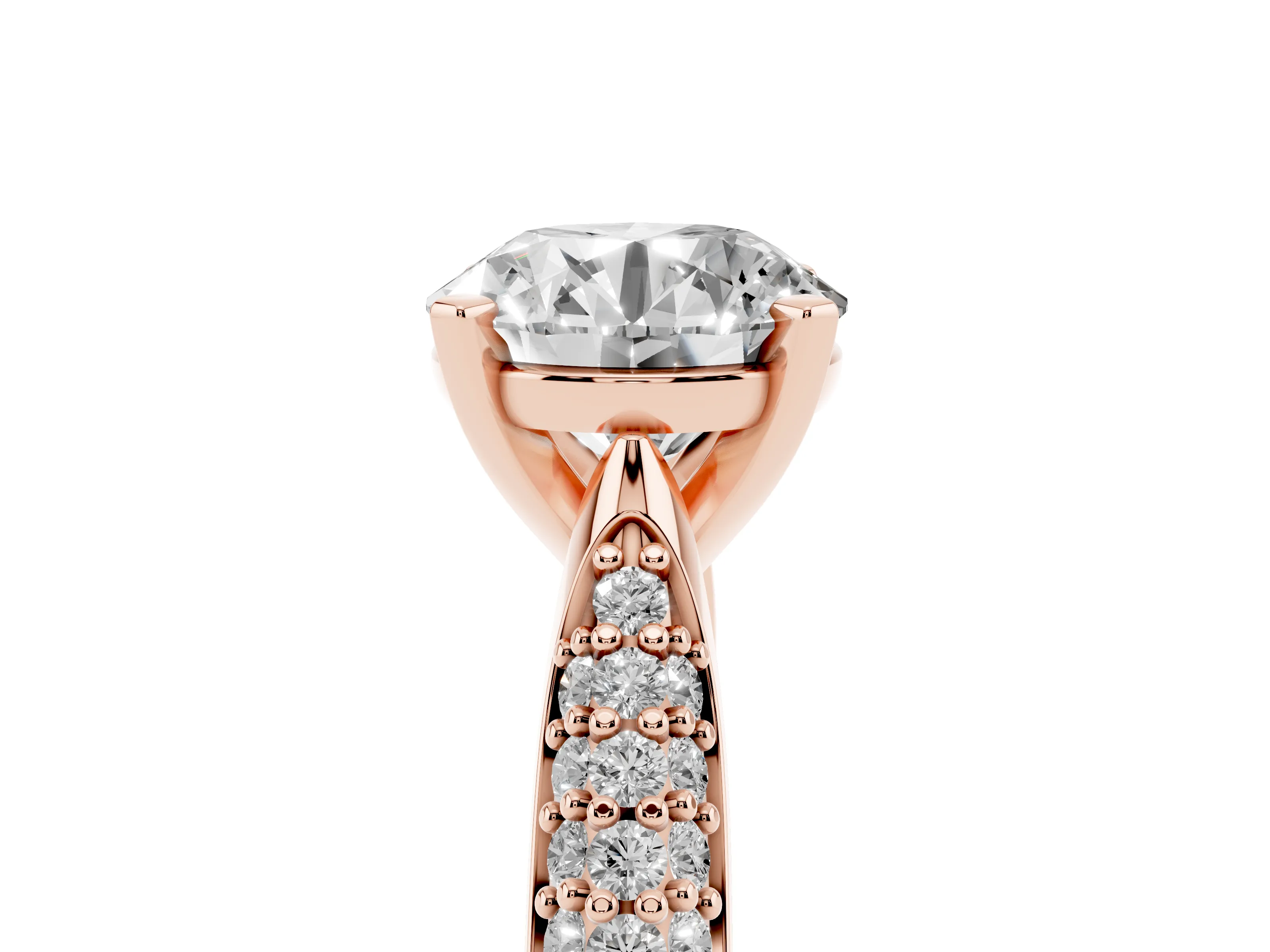 Round Cut Diamond Solitaire Engagement Ring Set in Rose gold with Multi-Row Round Pavé Band and Prong Setting