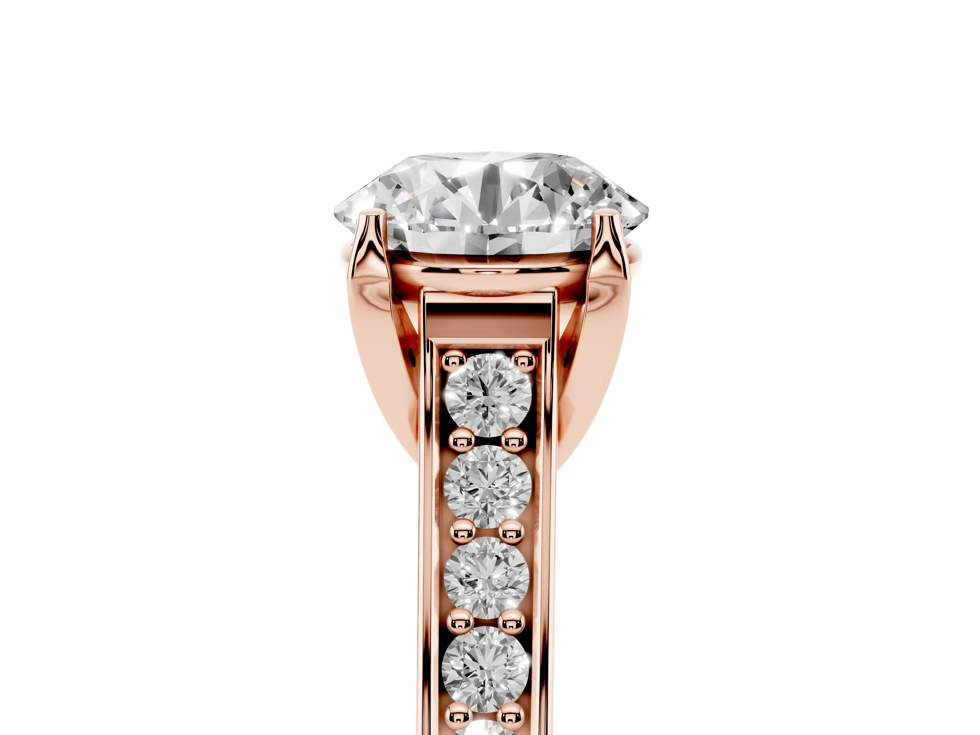 Round Cut Diamond Solitaire Pavé Engagement Ring Set in Rose gold with Prong Setting