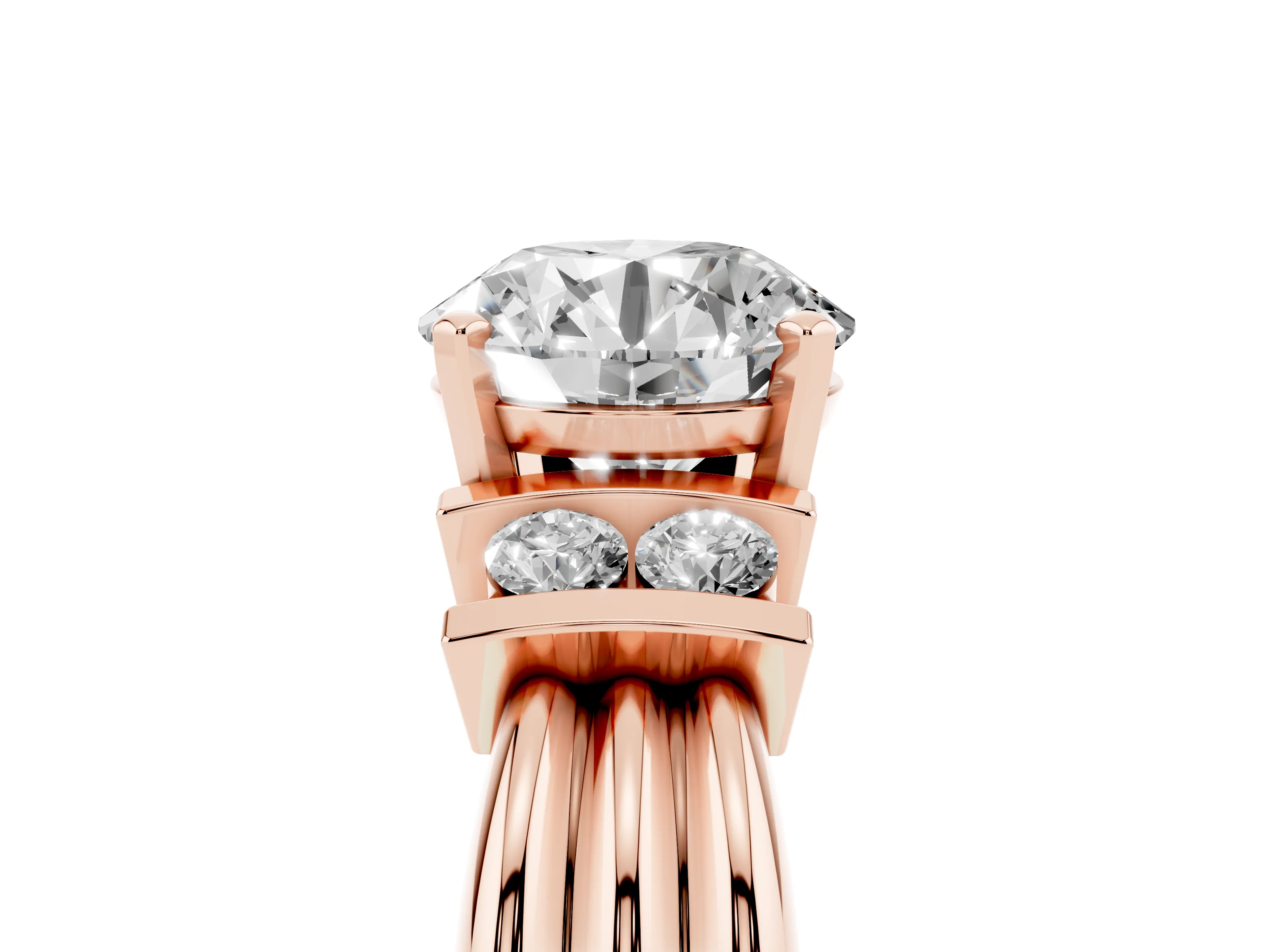 Three-Stone Round Cut Diamond Channel Set Ring Set in Rose gold with Bar Prongs