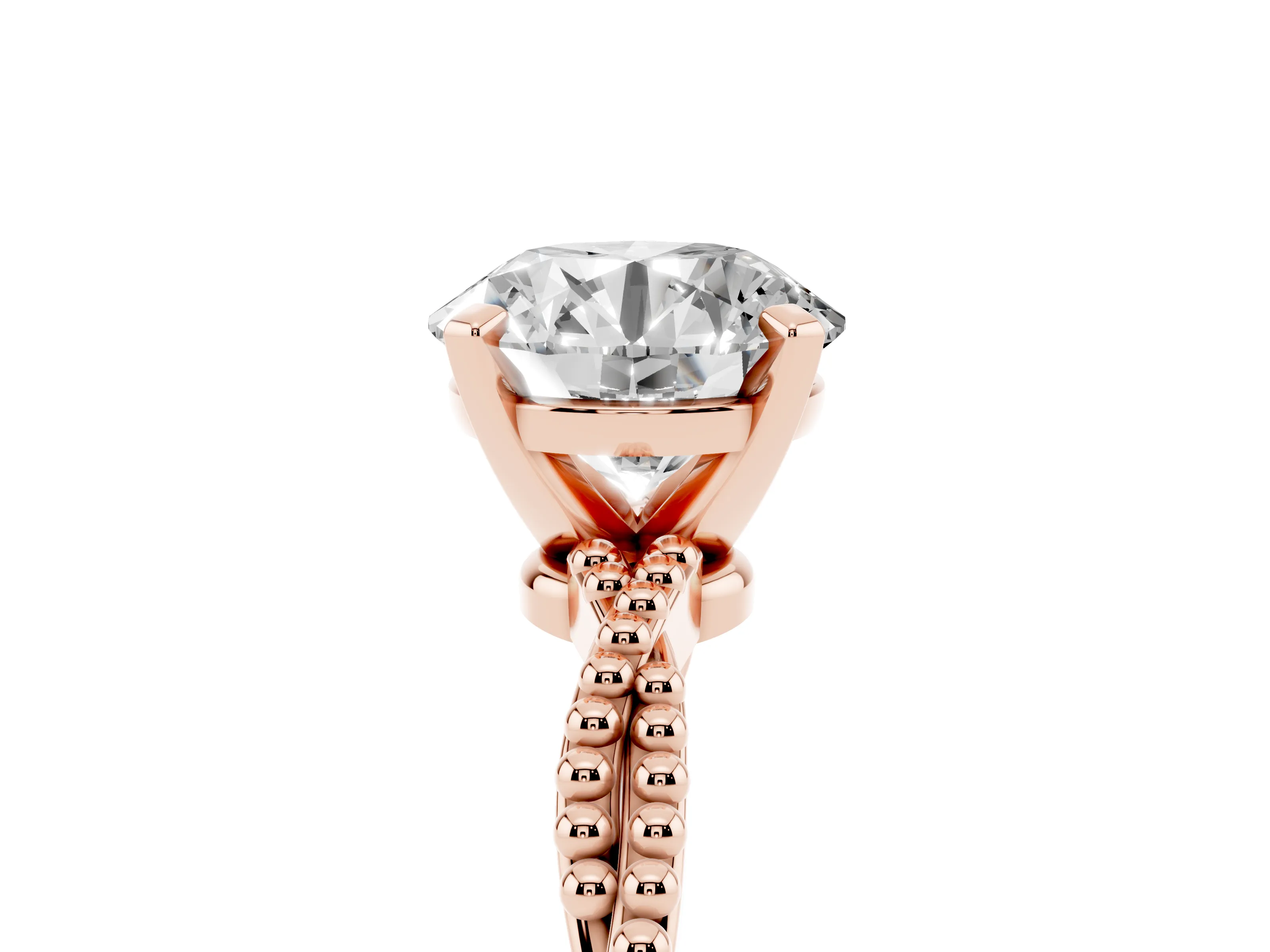 Round Cut Diamond Solitaire Ring Set in Rose gold with Twisted Band and Bead Prong Setting