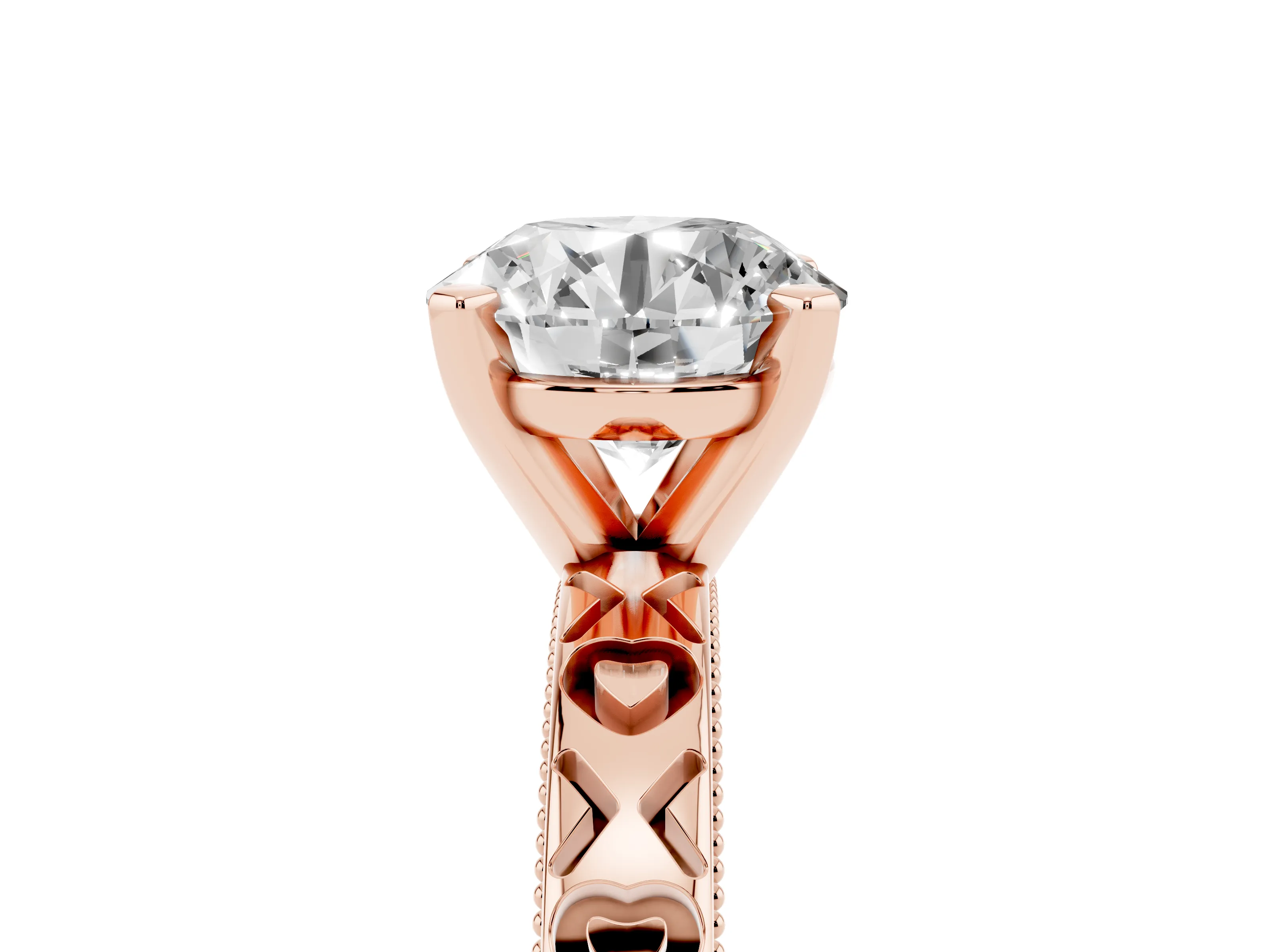 Round Cut Diamond Solitaire Engagement Ring Set in Rose gold with XO Engraved Band and Prong Setting