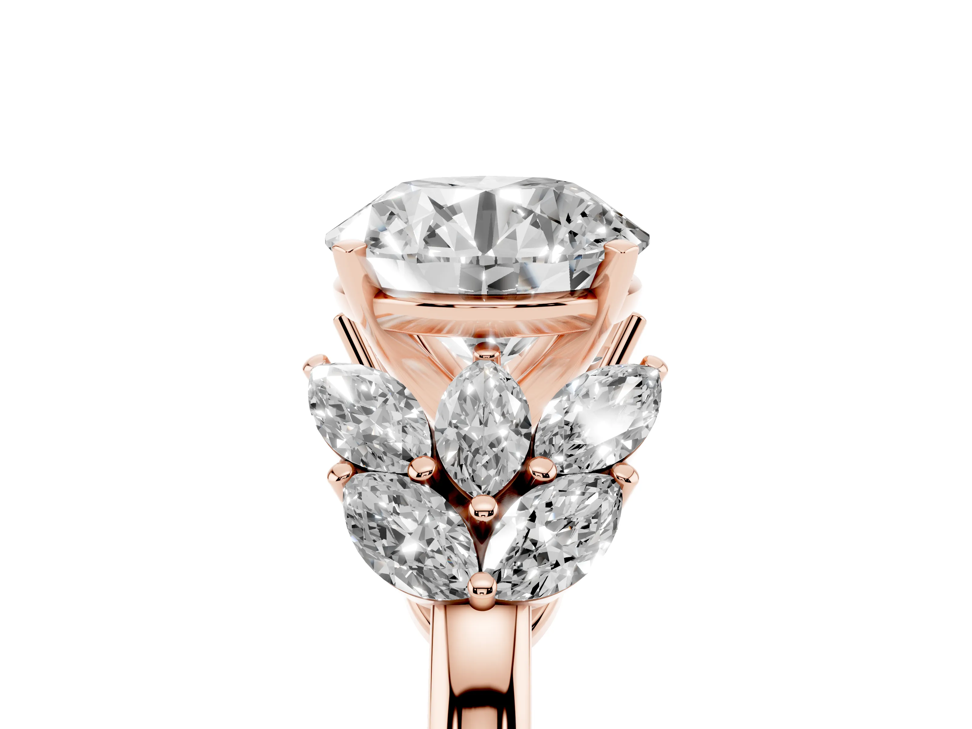 Round Cut Diamond Cluster Leaf Design Ring Set in Rose gold with Prong Setting