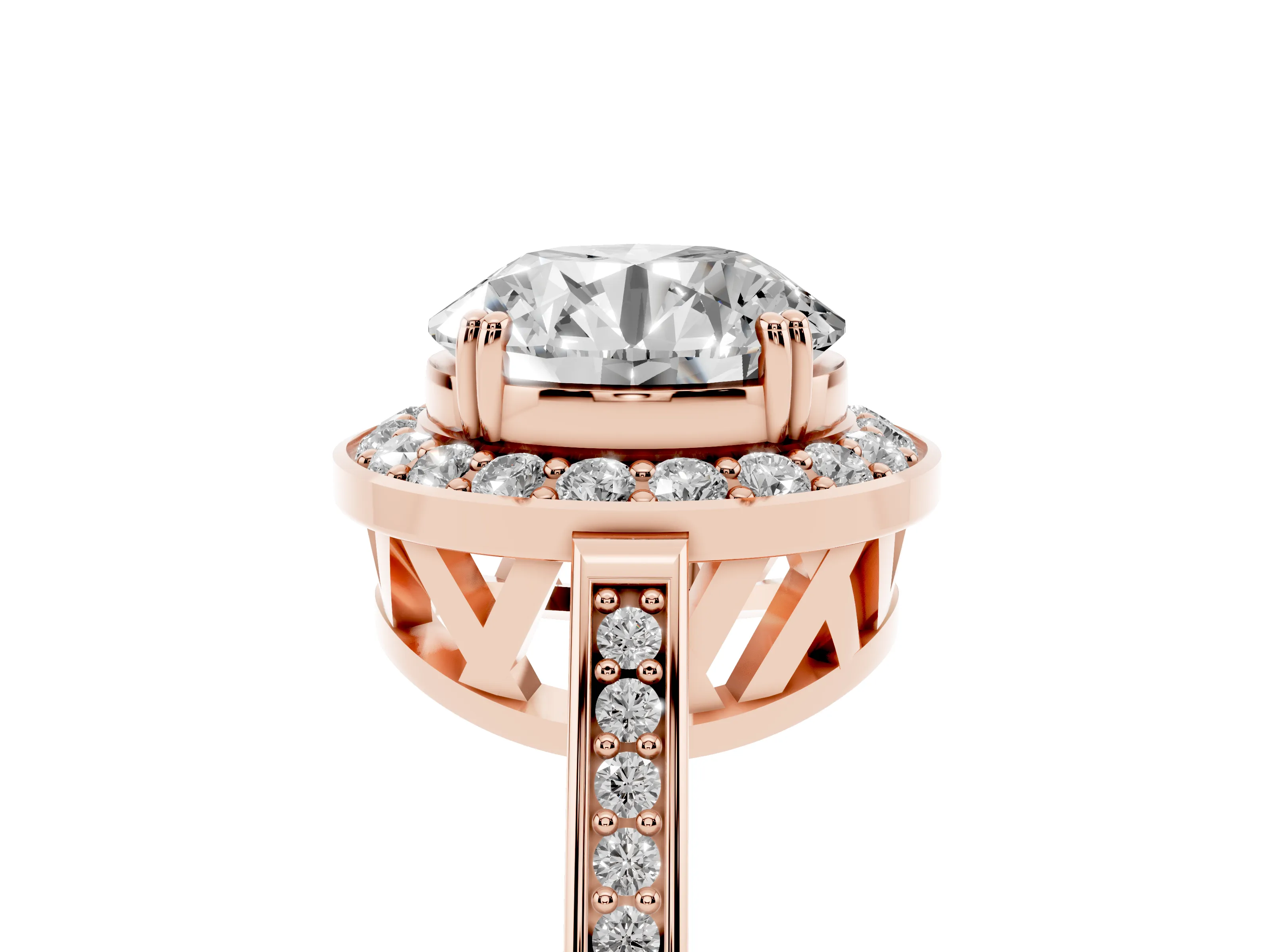 Round Cut Diamond Halo Ring Set in Rose gold with Accent-Lined Split Shank and Prong Setting