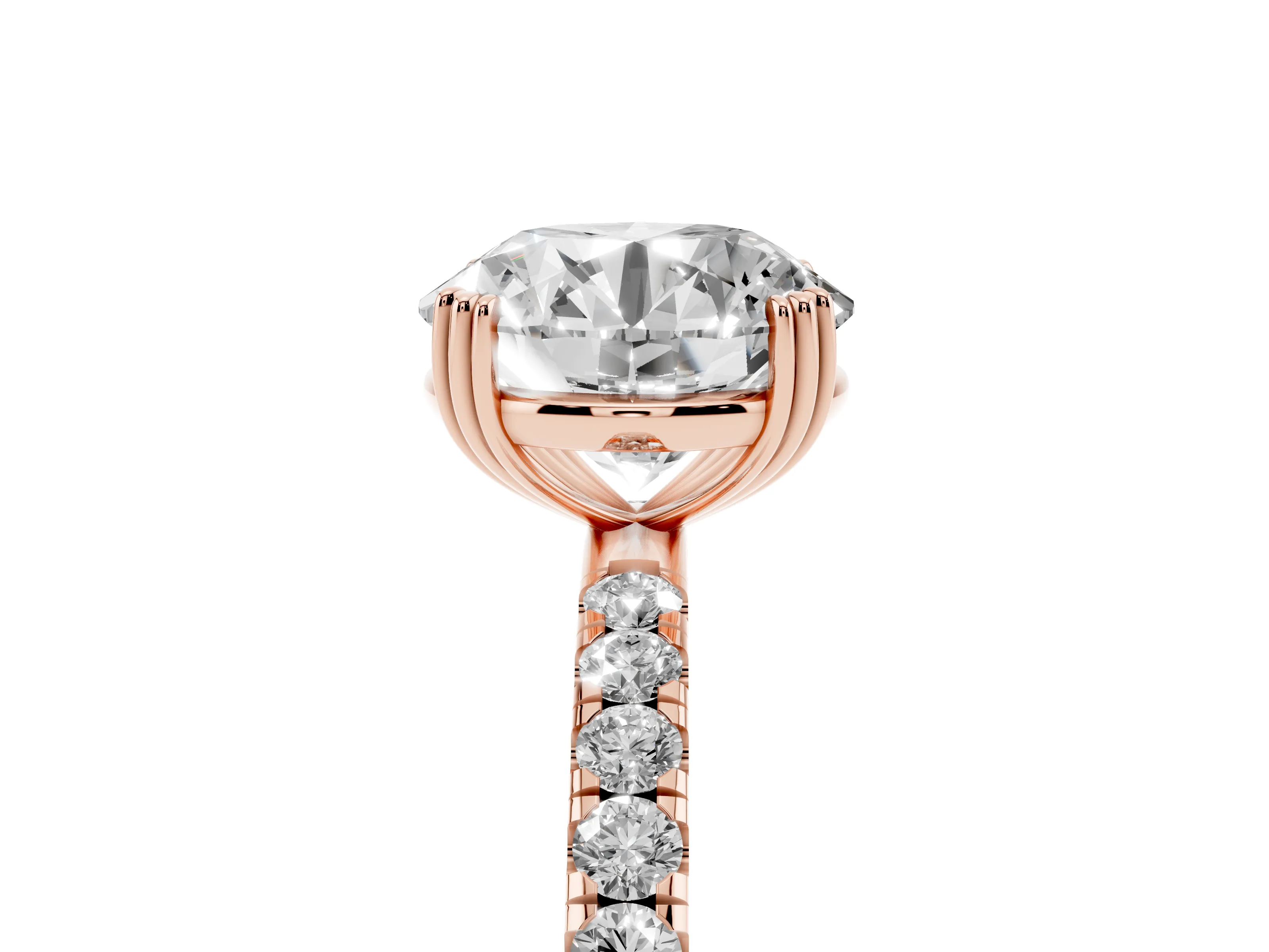 Round Cut Diamond Brilliant Solitaire Set in Rose gold with Pavé Band and Claw Prong Setting