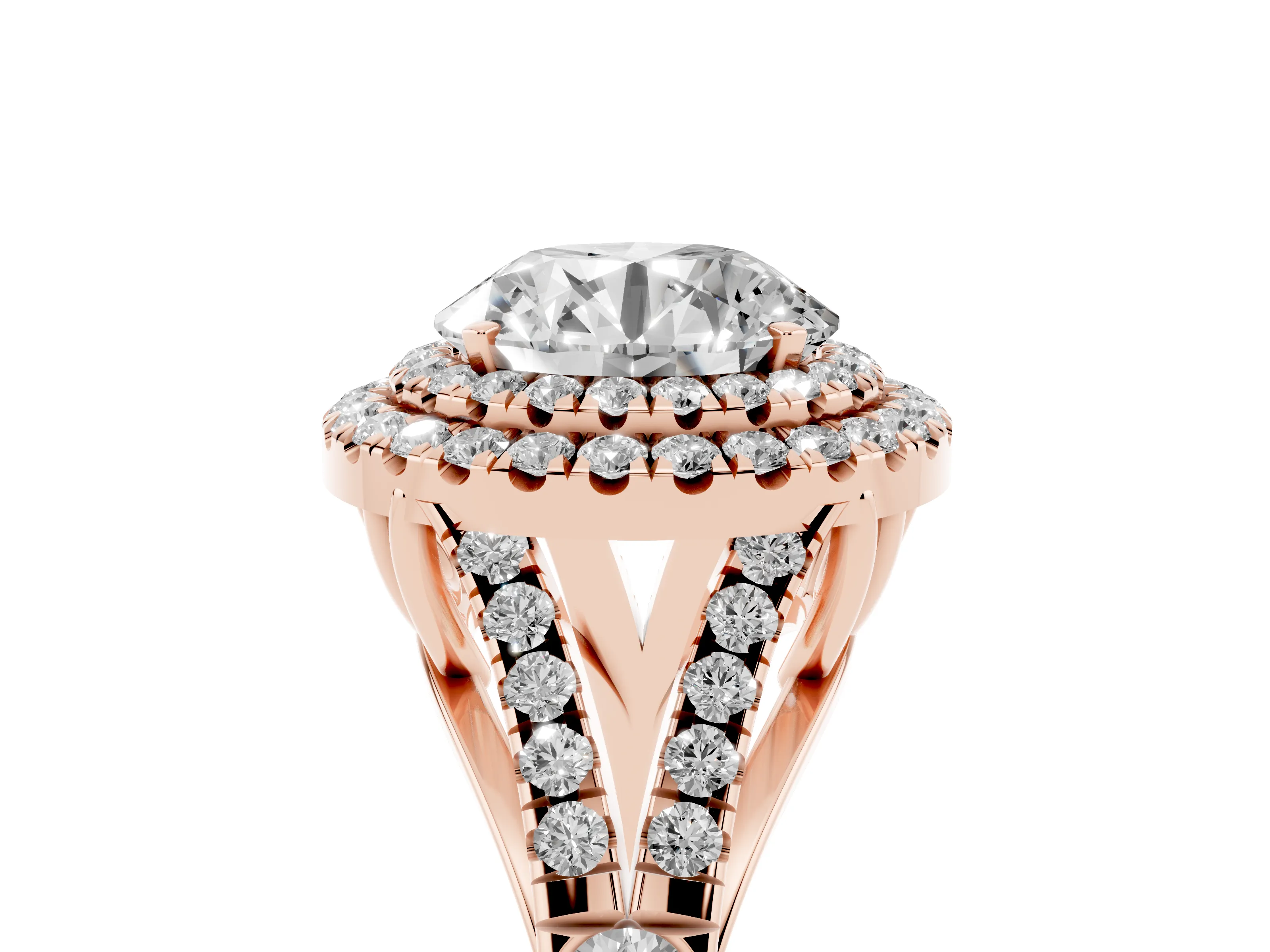 Round Cut Diamond Pavé Split Shank Double Halo Engagement Ring Set in Rose gold