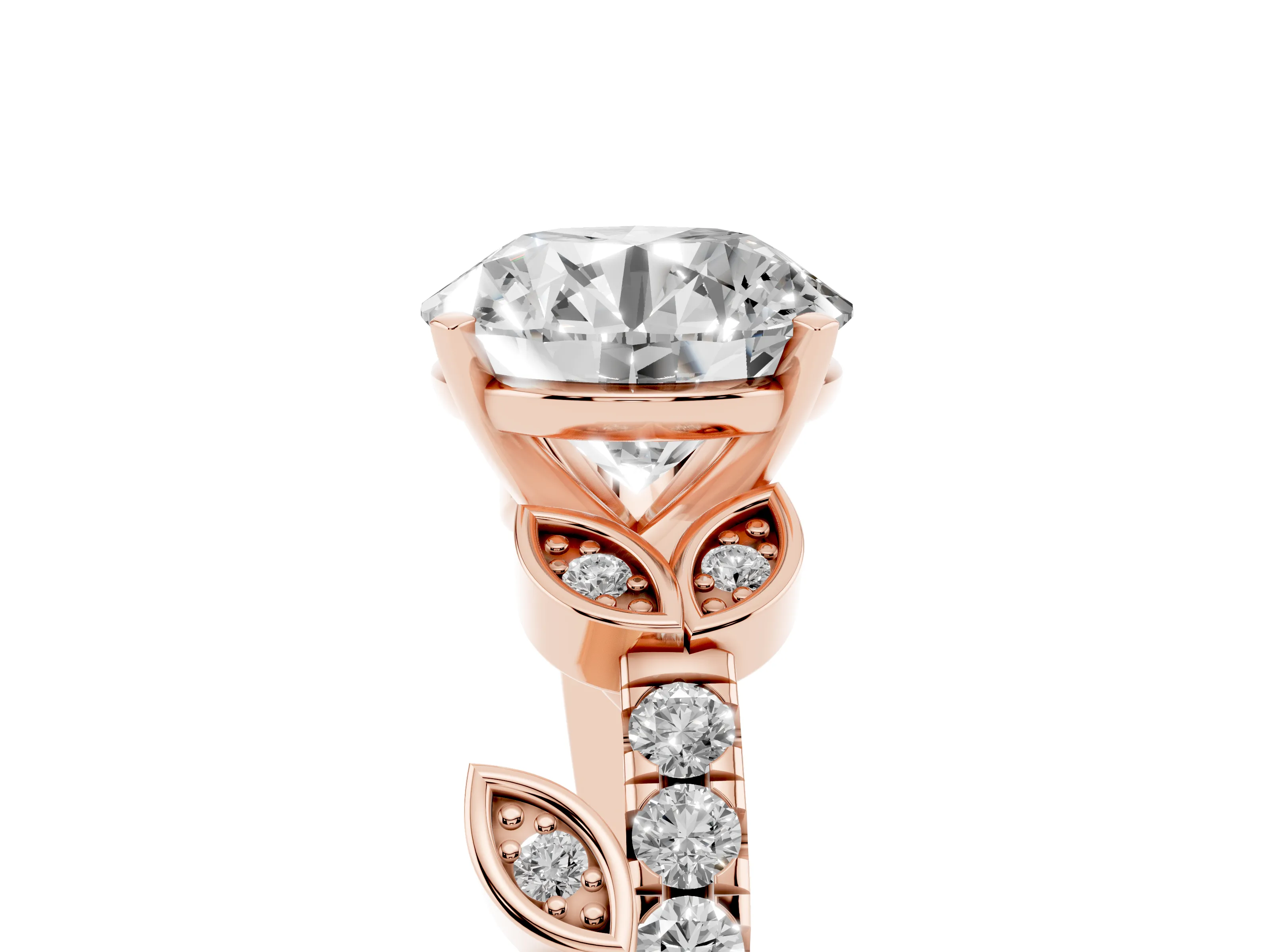 Round Cut Diamond Solitaire Leaf-Inspired Ring Set in Rose gold with Pavé Band and Prong Setting