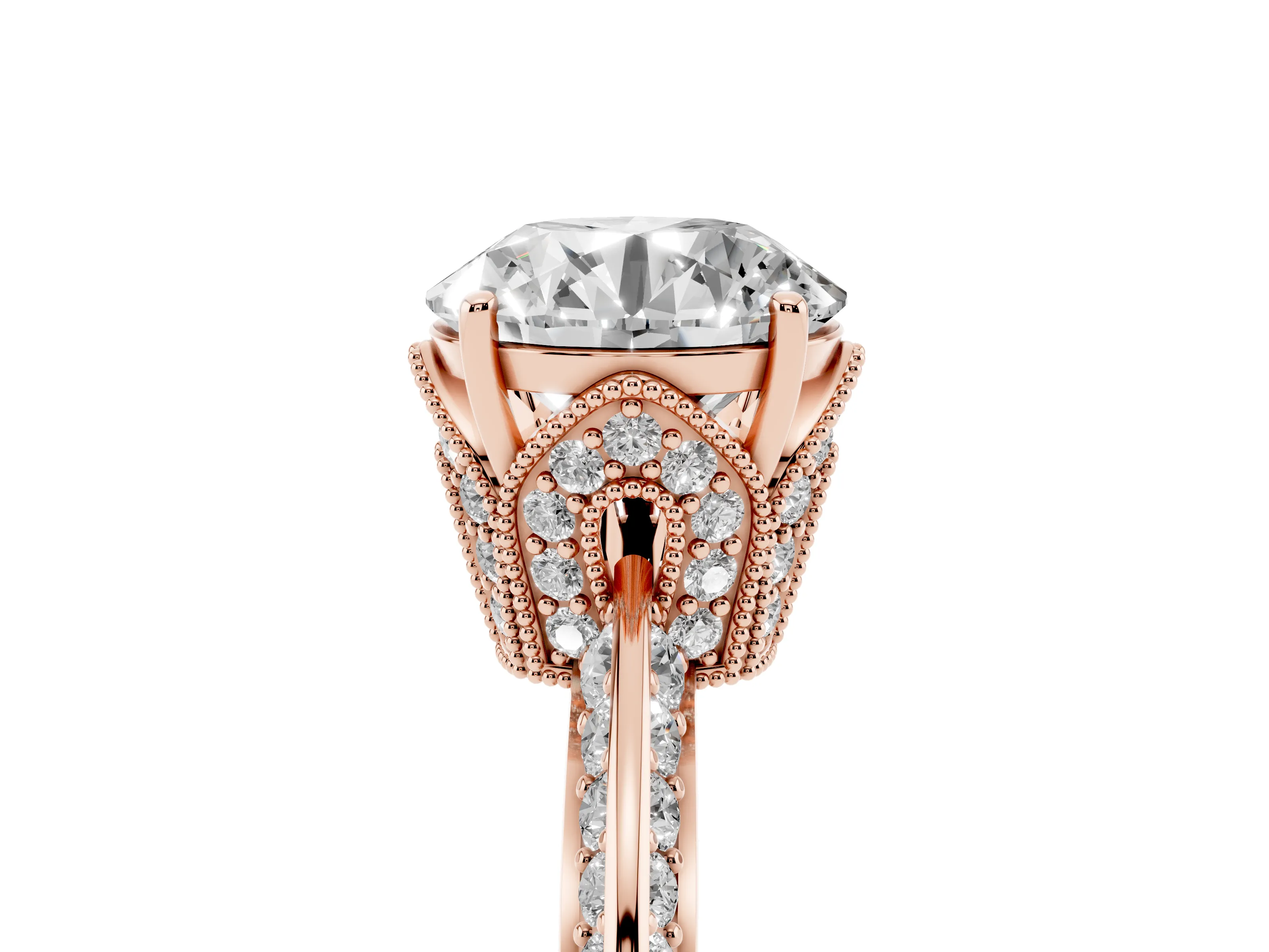 Round Cut Diamond Solitaire Engagement Ring Set in Rose gold with Pavé Split Shank and Prong Setting