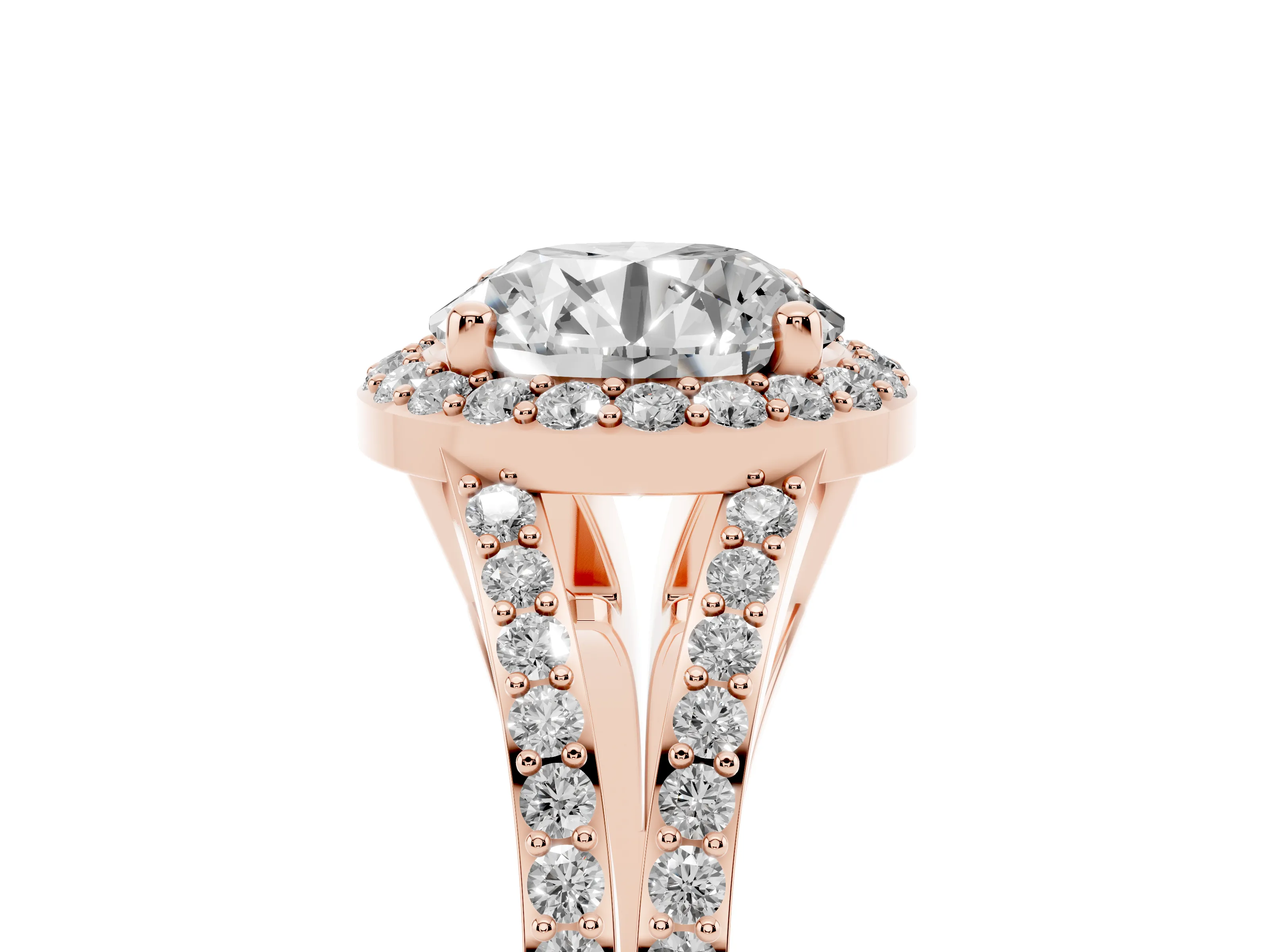 Round Cut Diamond Halo Split Shank Pavé Ring Set in Rose gold with Prong Setting