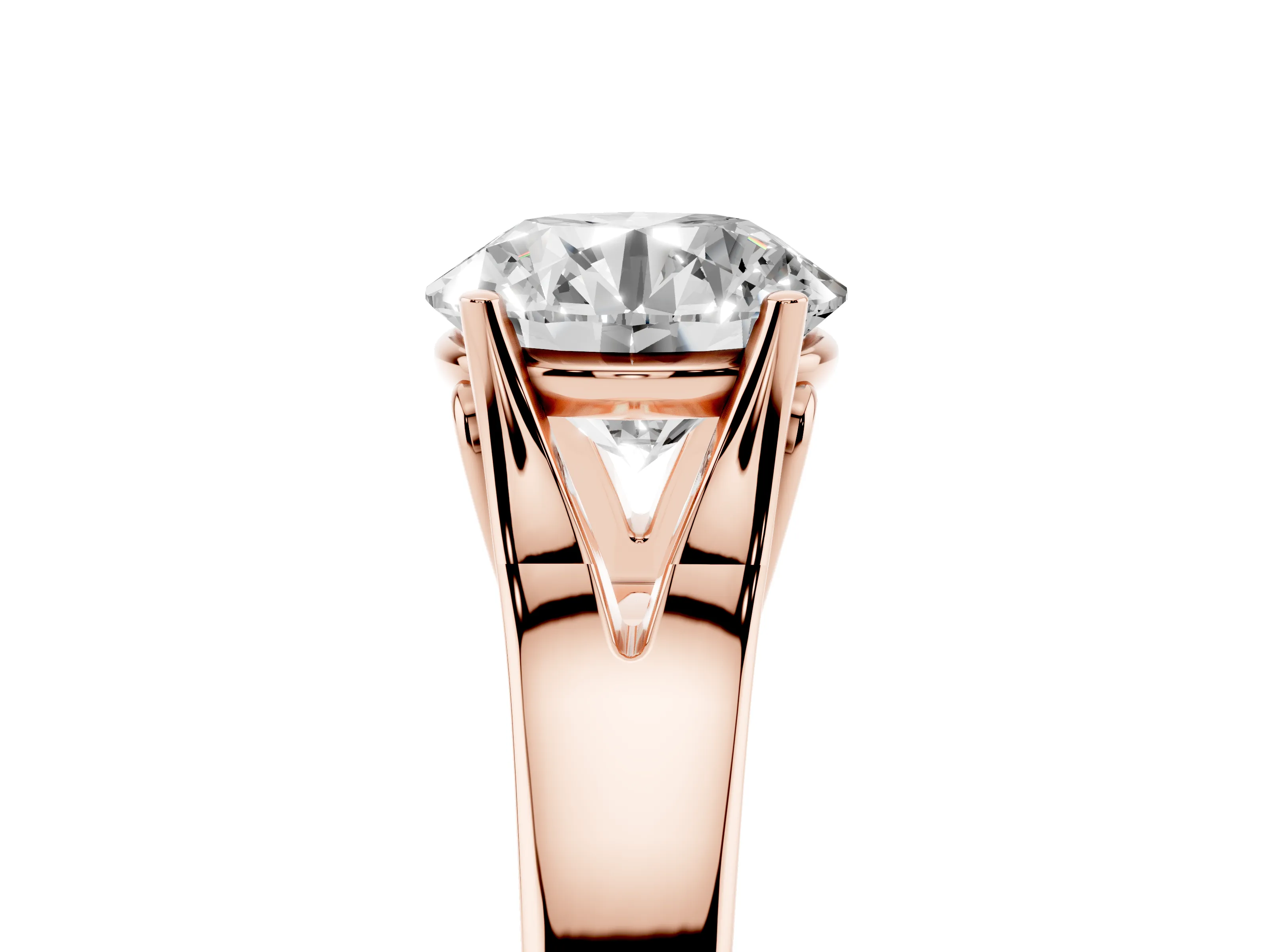 Round Cut Diamond Solitaire Ring Set in Rose gold with Arched Cathedral Band and Prong Setting