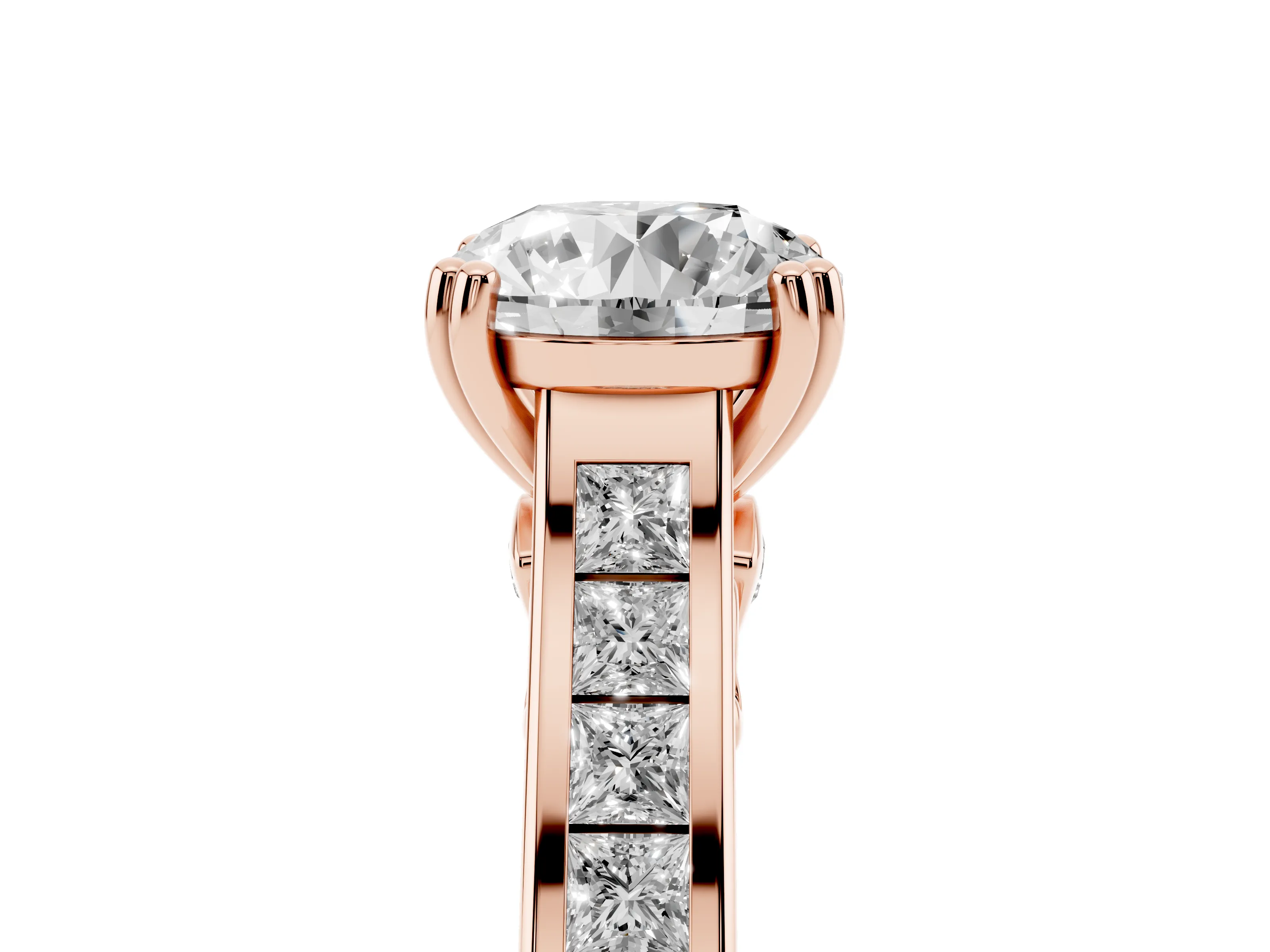 Round Cut Diamond Channel Set Solitaire Engagement Ring Set in Rose gold with Prong Setting