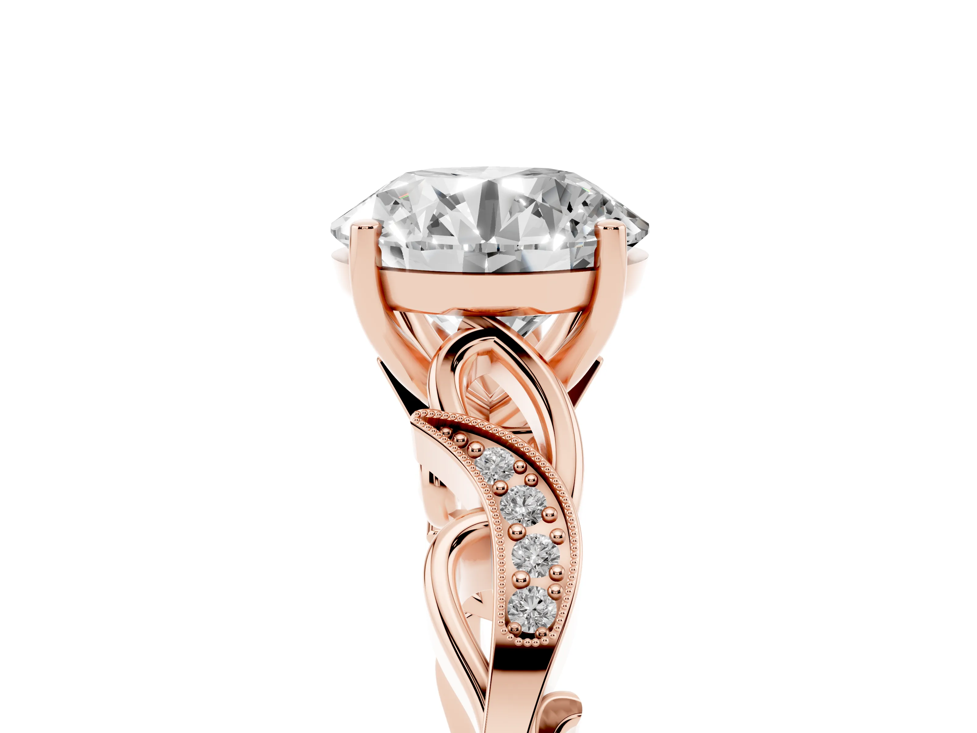 Round Cut Diamond Vine Band Solitaire Ring Set in Rose gold with Milgrain Prong Setting