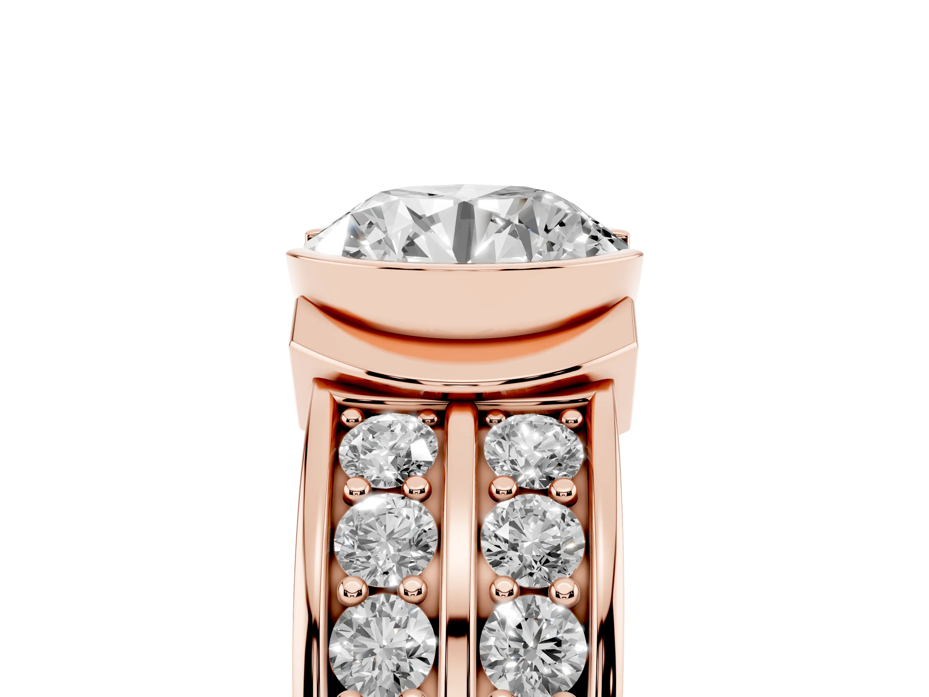 Round Cut Diamond Wide Channel Set Band Ring Set in Rose gold with Bezel Setting